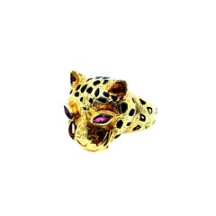 Retro Gold Natural Ruby Eyes Leopard Statement Ring Made in Italy Circa 1990