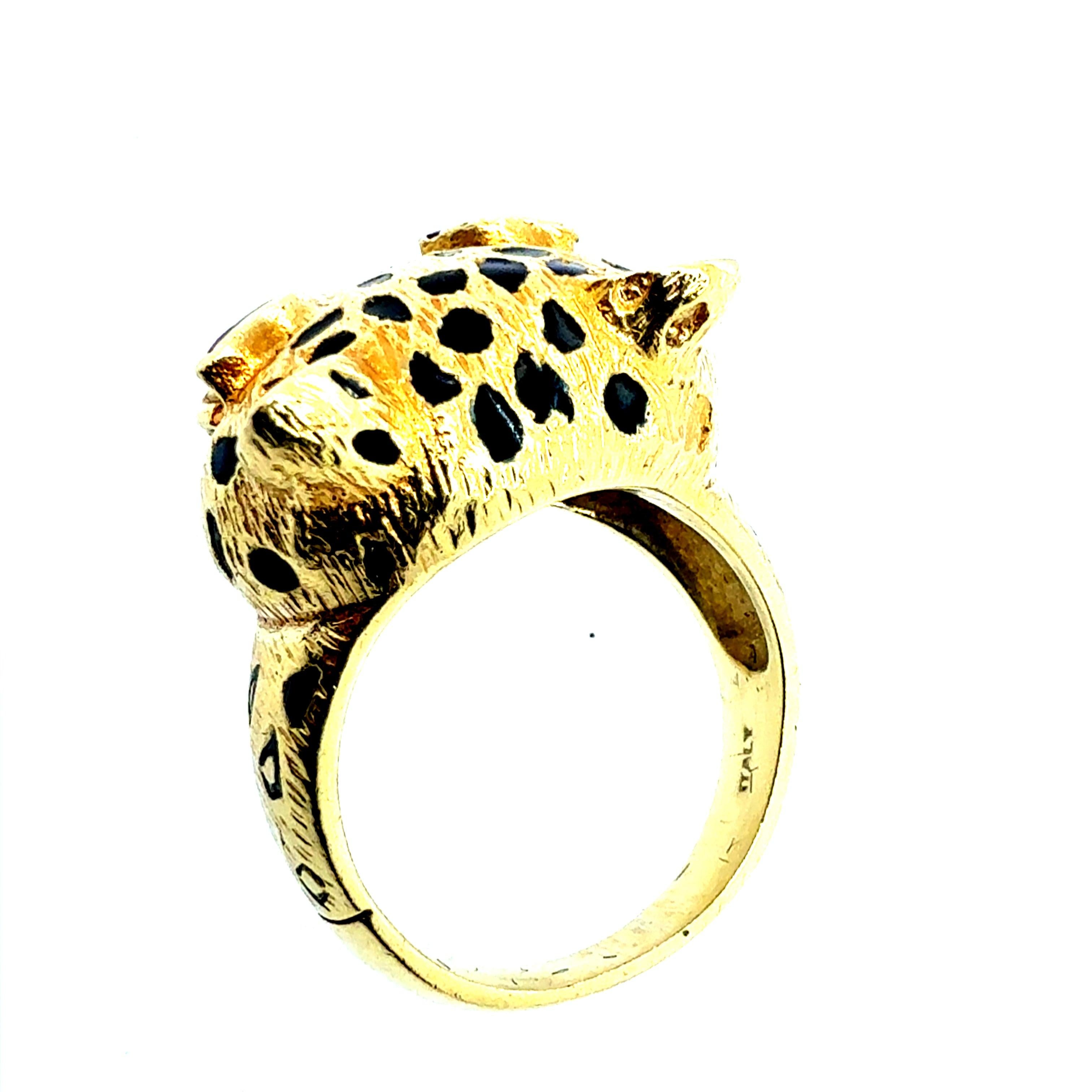 Women's Retro Gold Natural Ruby Eyes Leopard Statement Ring Made in Italy Circa 1990 For Sale