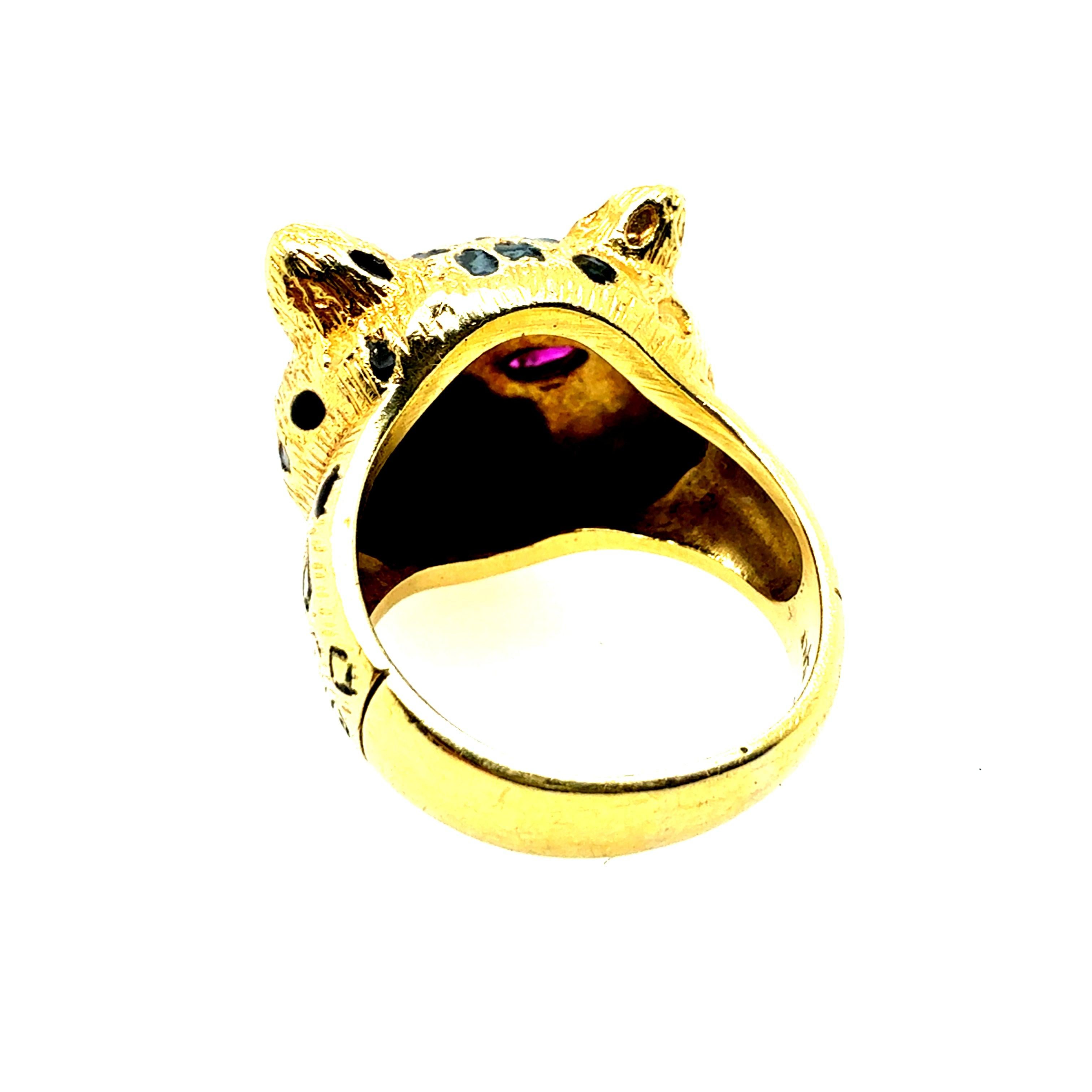 Retro Gold Natural Ruby Eyes Leopard Statement Ring Made in Italy Circa 1990 For Sale 1
