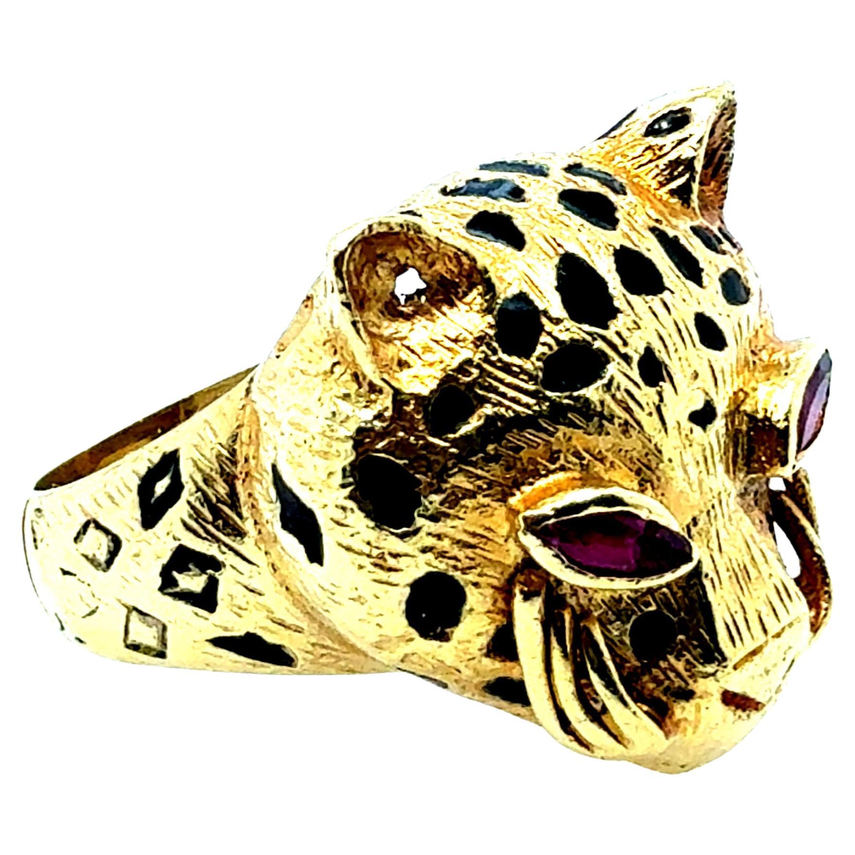 Retro Gold Natural Ruby Eyes Leopard Statement Ring Made in Italy Circa 1990