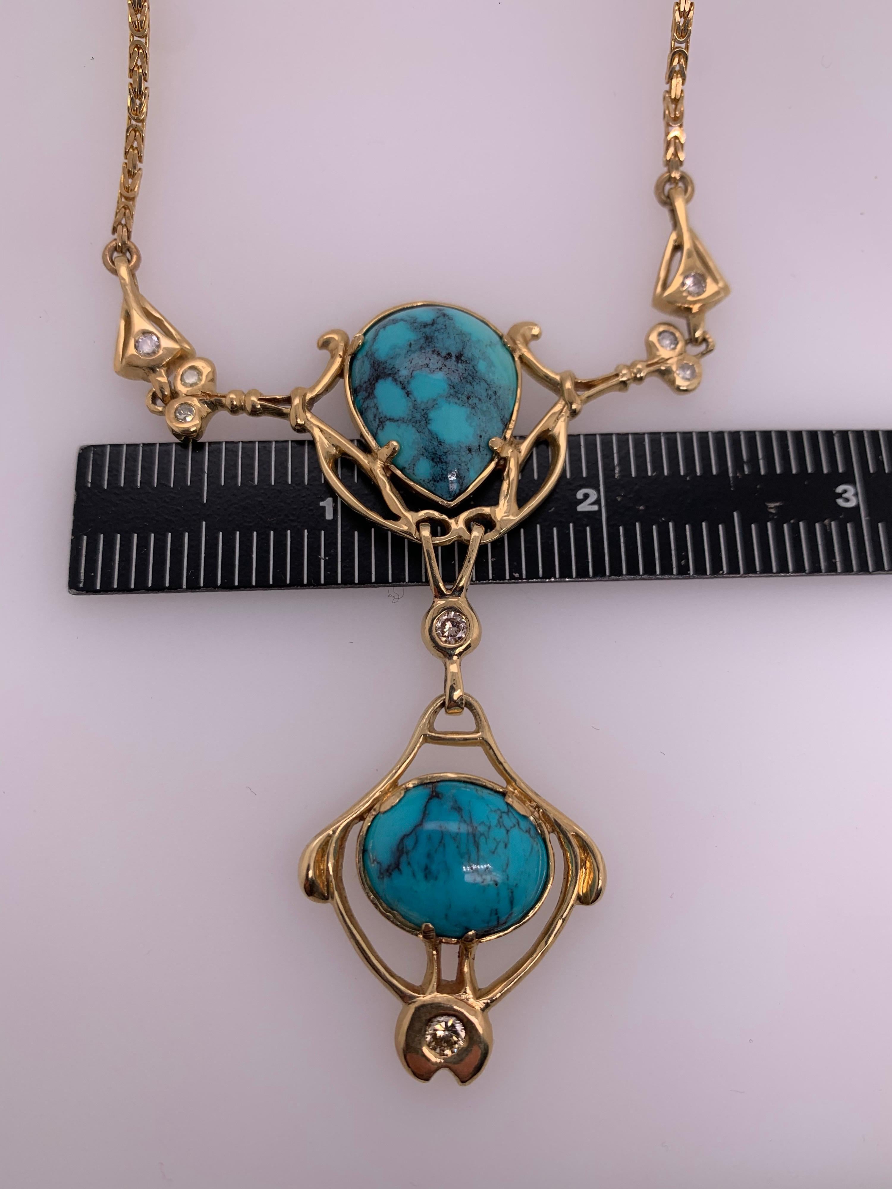 Retro Gold Natural Turquoise Gem and 0.65 Carat Diamond Necklace Circa 1950 For Sale 4