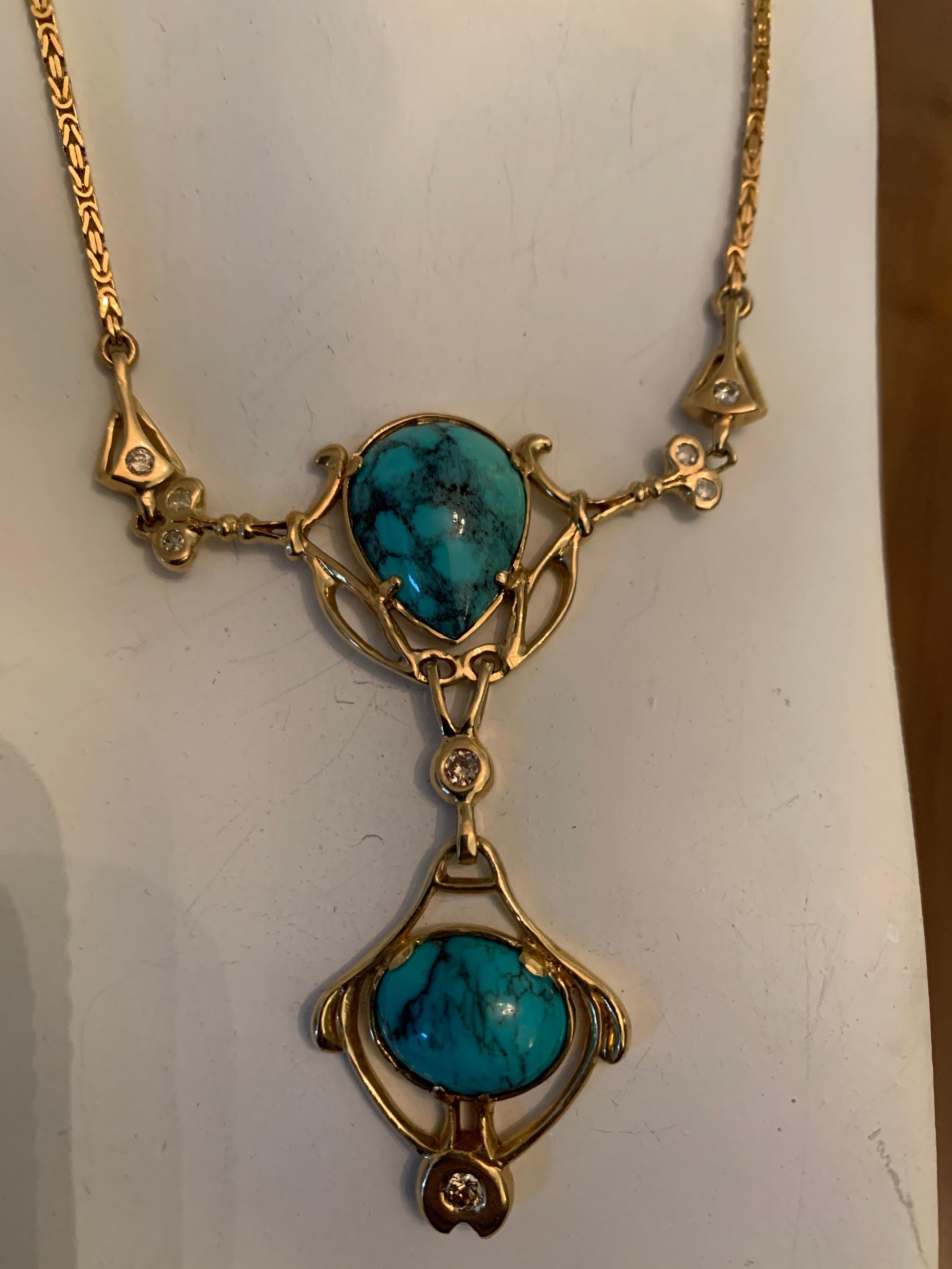 Retro Gold Natural Turquoise Gem and 0.65 Carat Diamond Necklace Circa 1950 For Sale 5