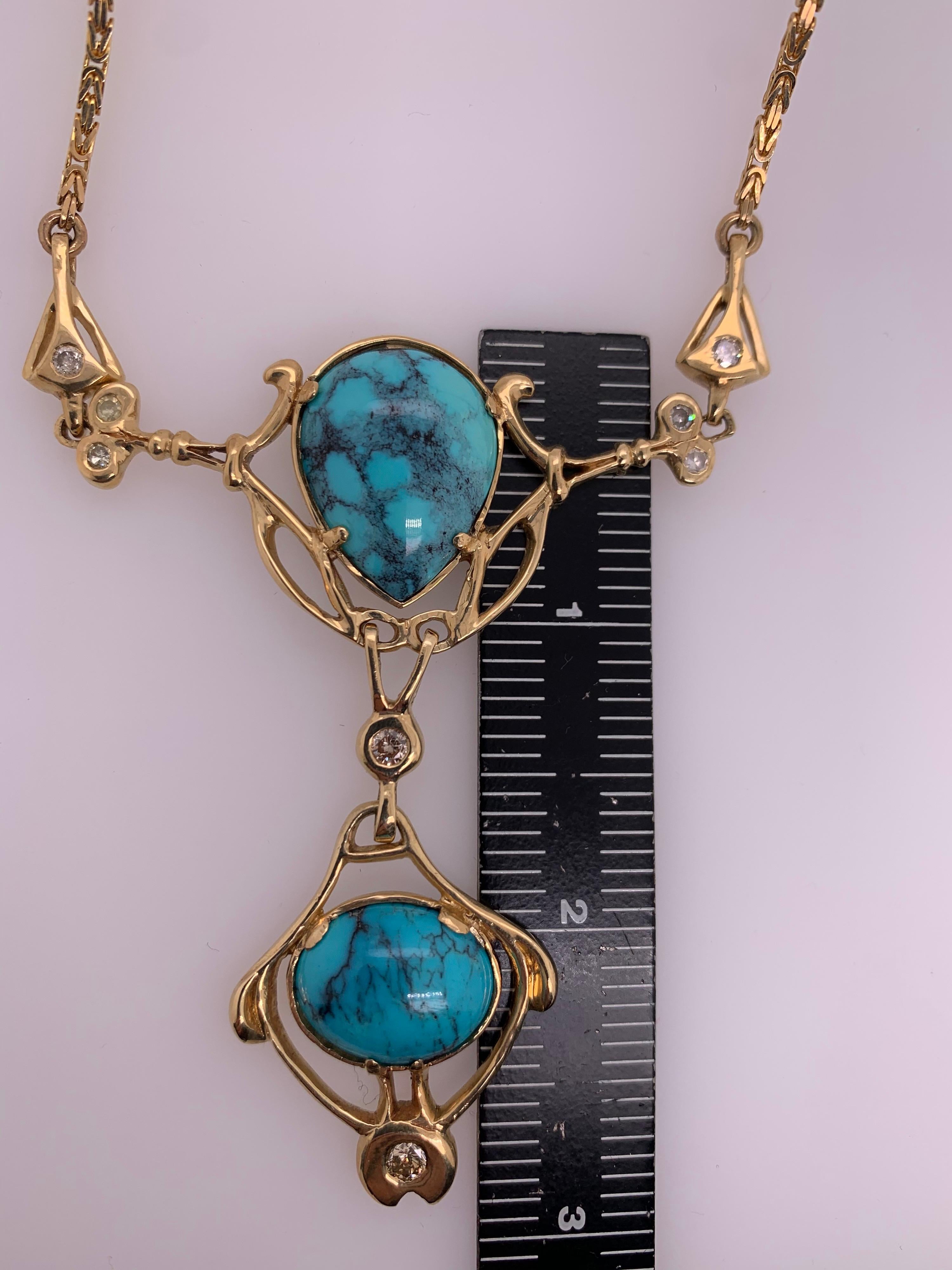 Retro Gold Natural Turquoise Gem and 0.65 Carat Diamond Necklace Circa 1950 For Sale 6
