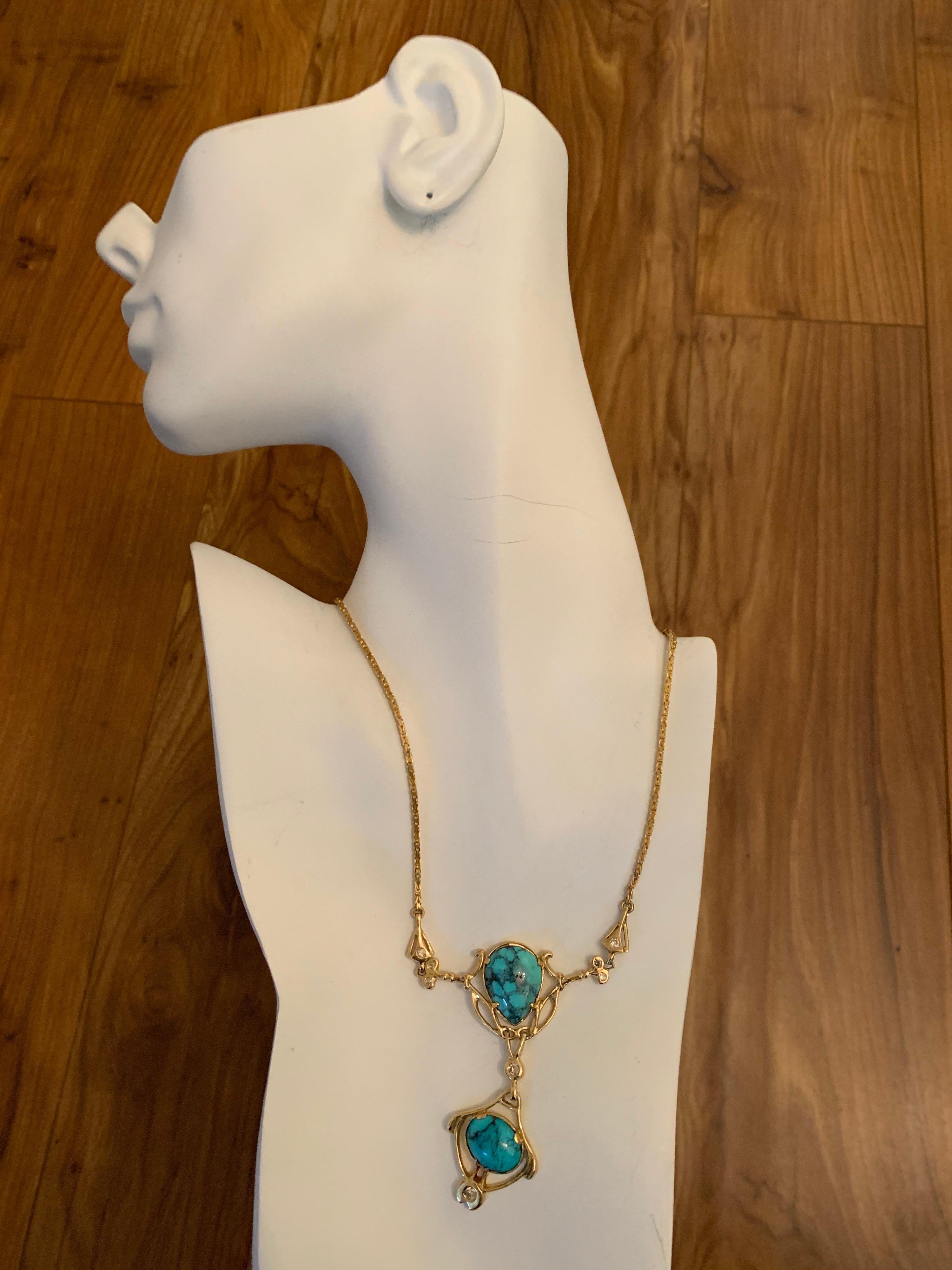 Round Cut Retro Gold Natural Turquoise Gem and 0.65 Carat Diamond Necklace Circa 1950 For Sale