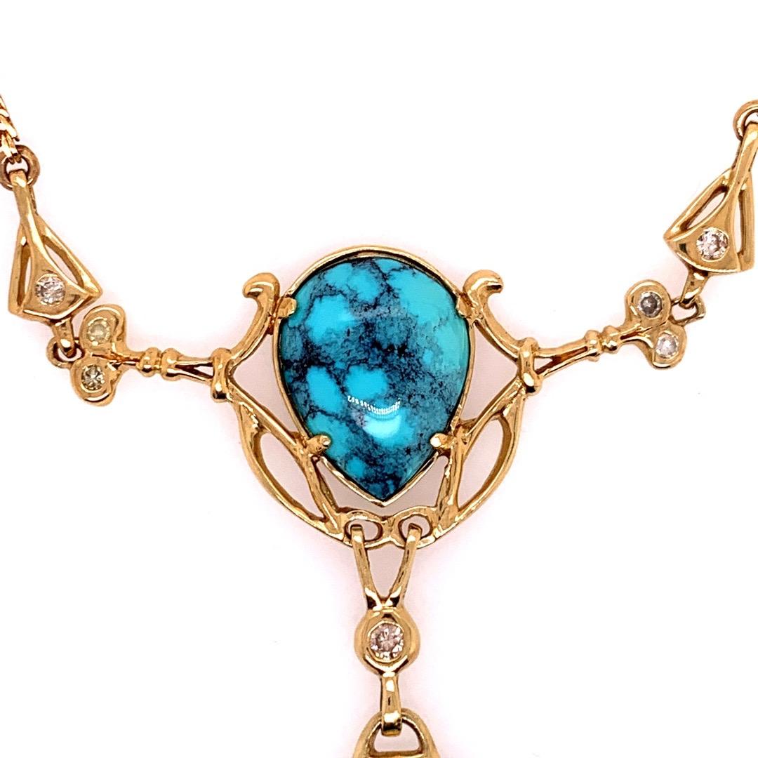 Retro Gold Natural Turquoise Gem and 0.65 Carat Diamond Necklace Circa 1950 In Good Condition For Sale In Los Angeles, CA