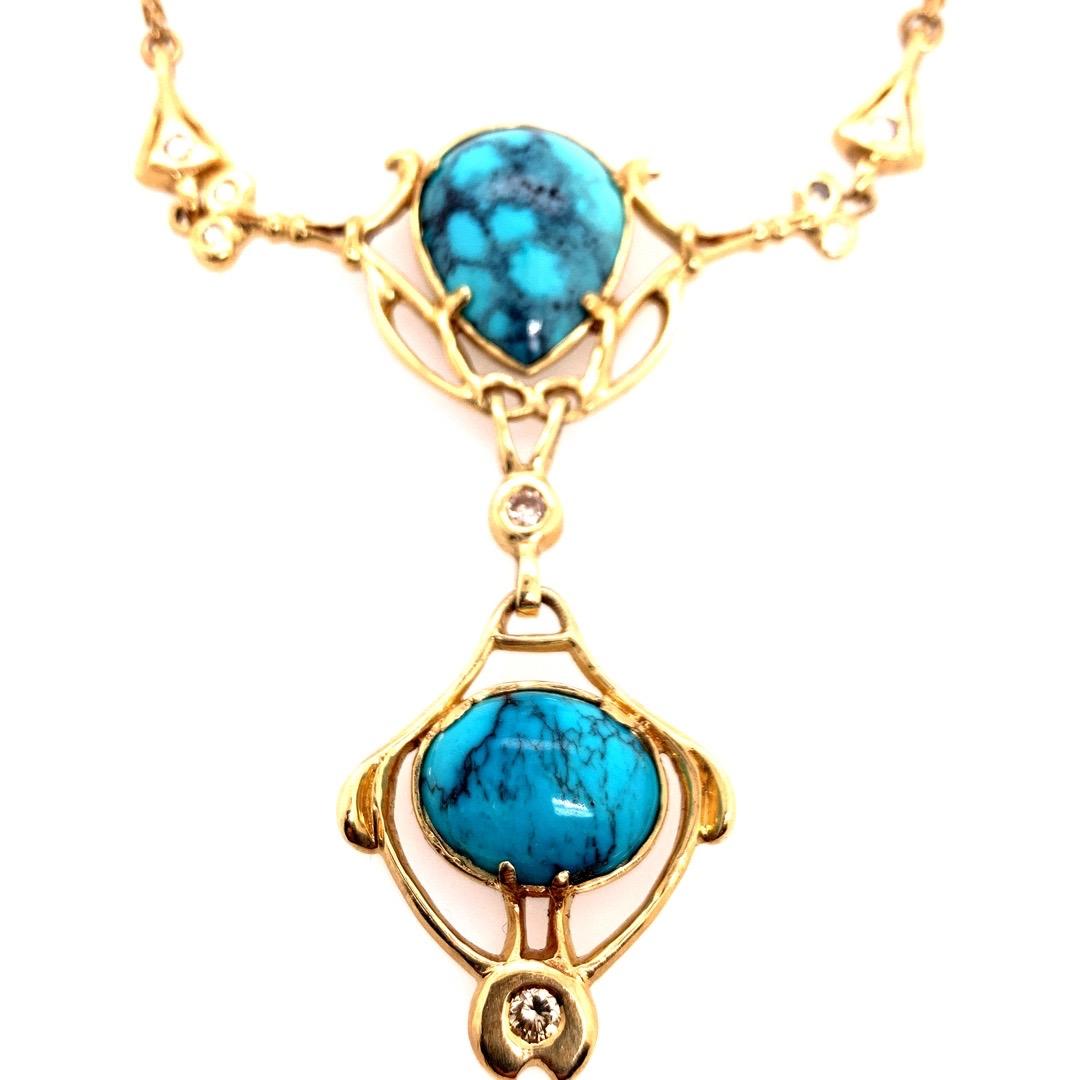 Women's Retro Gold Natural Turquoise Gem and 0.65 Carat Diamond Necklace Circa 1950 For Sale