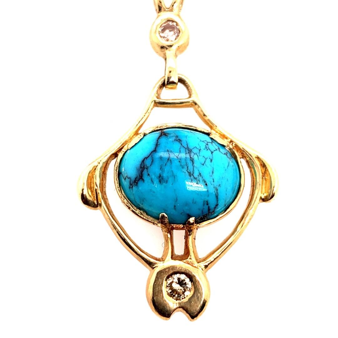 Retro Gold Natural Turquoise Gem and 0.65 Carat Diamond Necklace Circa 1950 For Sale 2