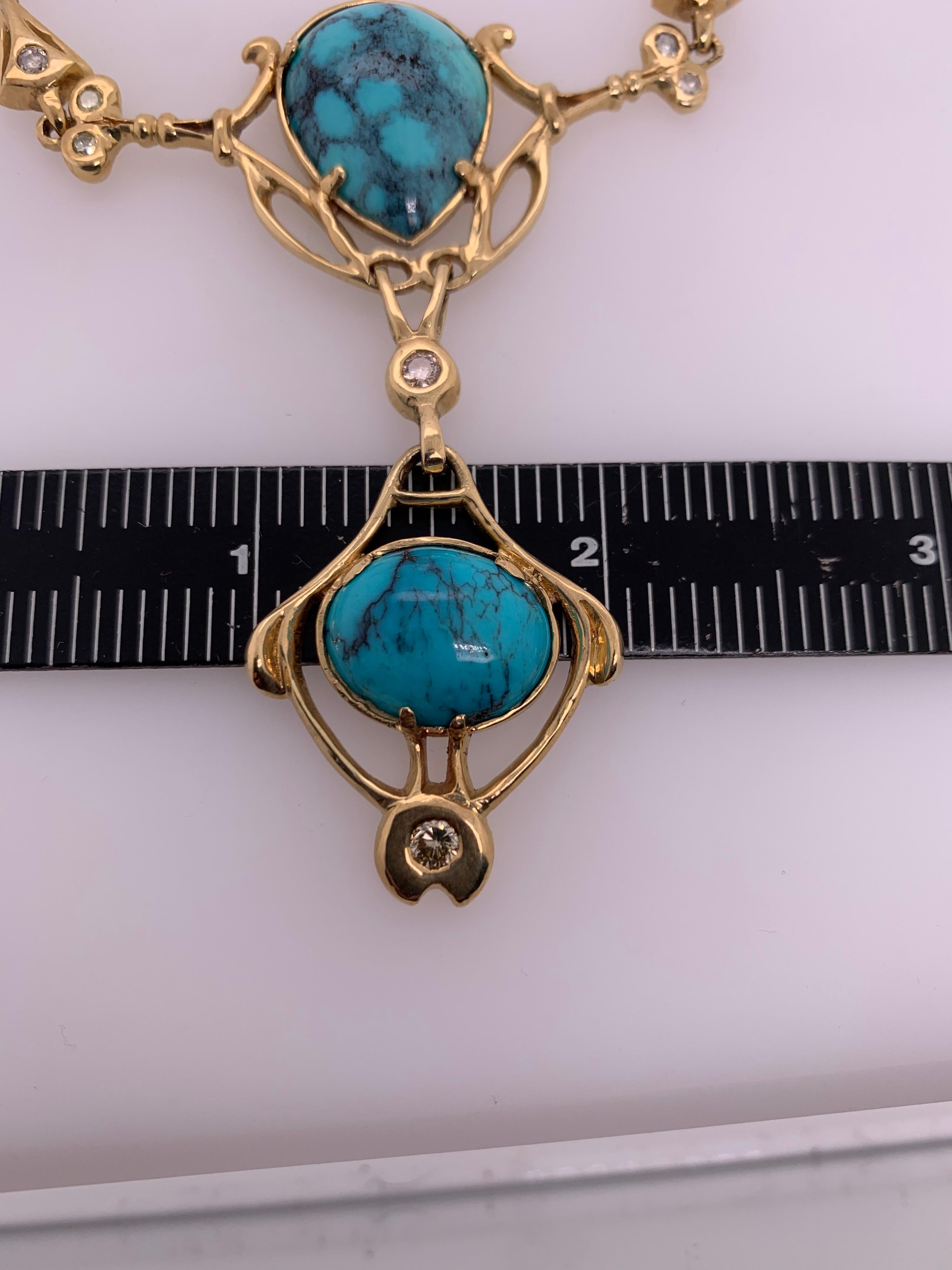 Retro Gold Natural Turquoise Gem and 0.65 Carat Diamond Necklace Circa 1950 For Sale 3