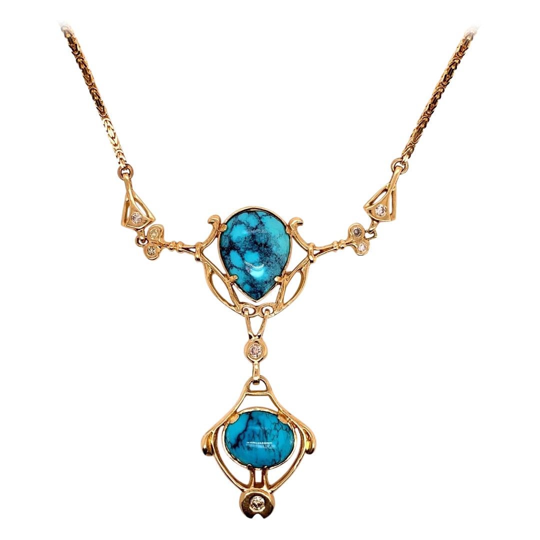 Retro Gold Natural Turquoise Gem and 0.65 Carat Diamond Necklace Circa 1950 For Sale