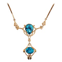 Retro Gold Natural Turquoise Gem and 0.65 Carat Diamond Necklace Circa 1950