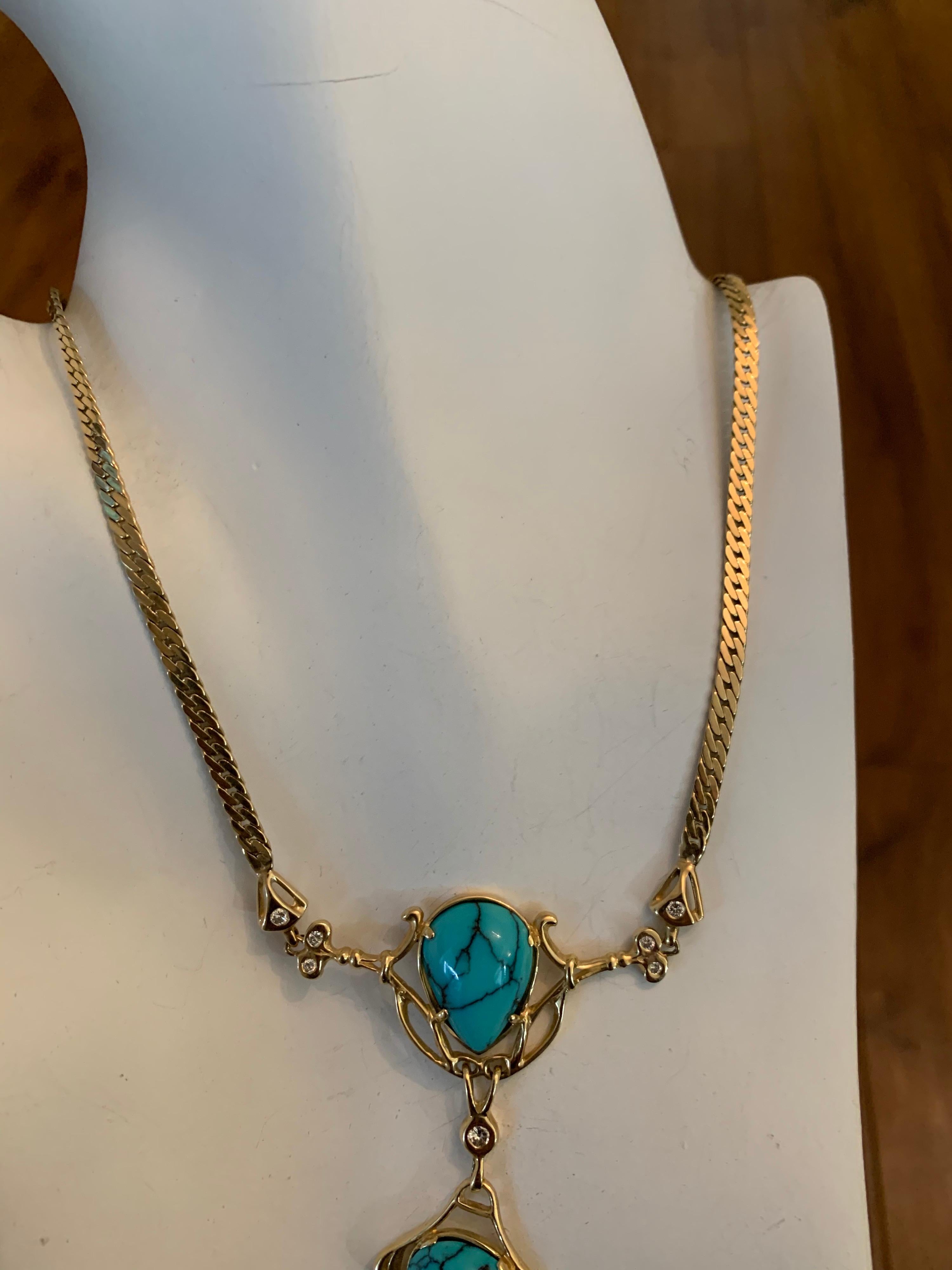 Retro Gold Natural Turquoise Gem .75 Carat Colorless Diamond Necklace circa 1950 In Good Condition For Sale In Los Angeles, CA