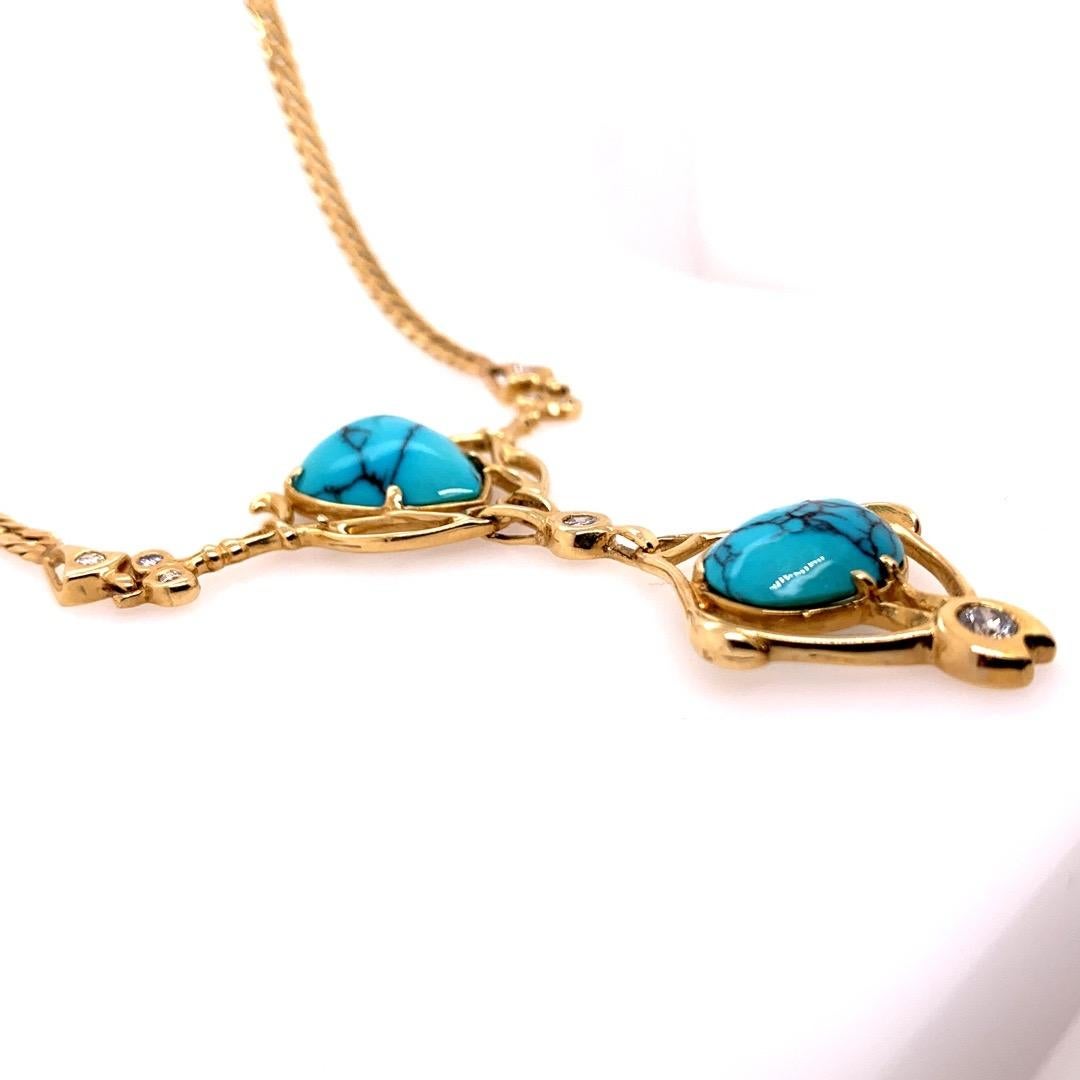 Women's Retro Gold Natural Turquoise Gem .75 Carat Colorless Diamond Necklace circa 1950 For Sale