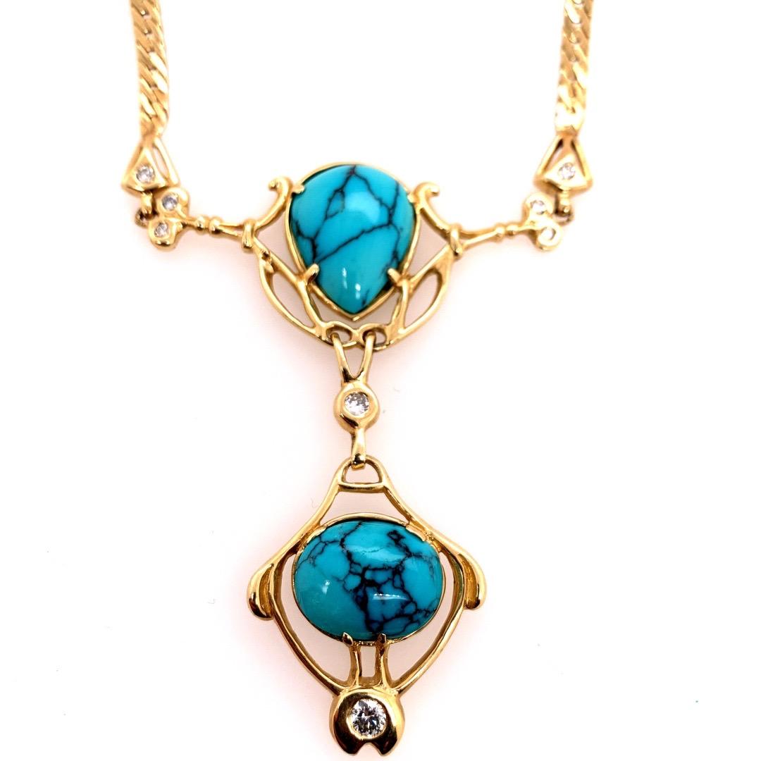 Retro Gold Natural Turquoise Gem .75 Carat Colorless Diamond Necklace circa 1950 For Sale 1