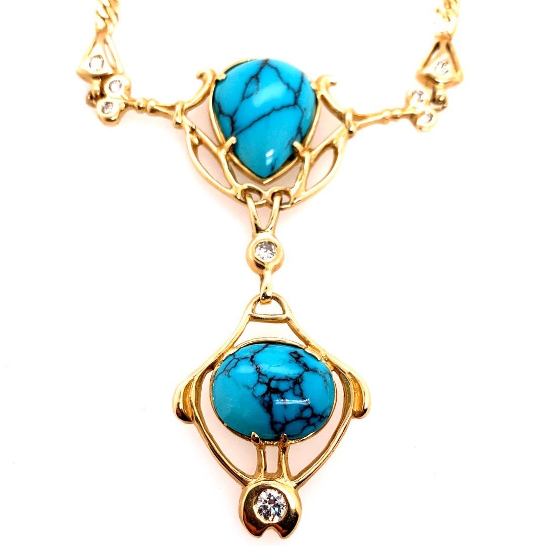 Retro Gold Natural Turquoise Gem .75 Carat Colorless Diamond Necklace circa 1950 For Sale 2