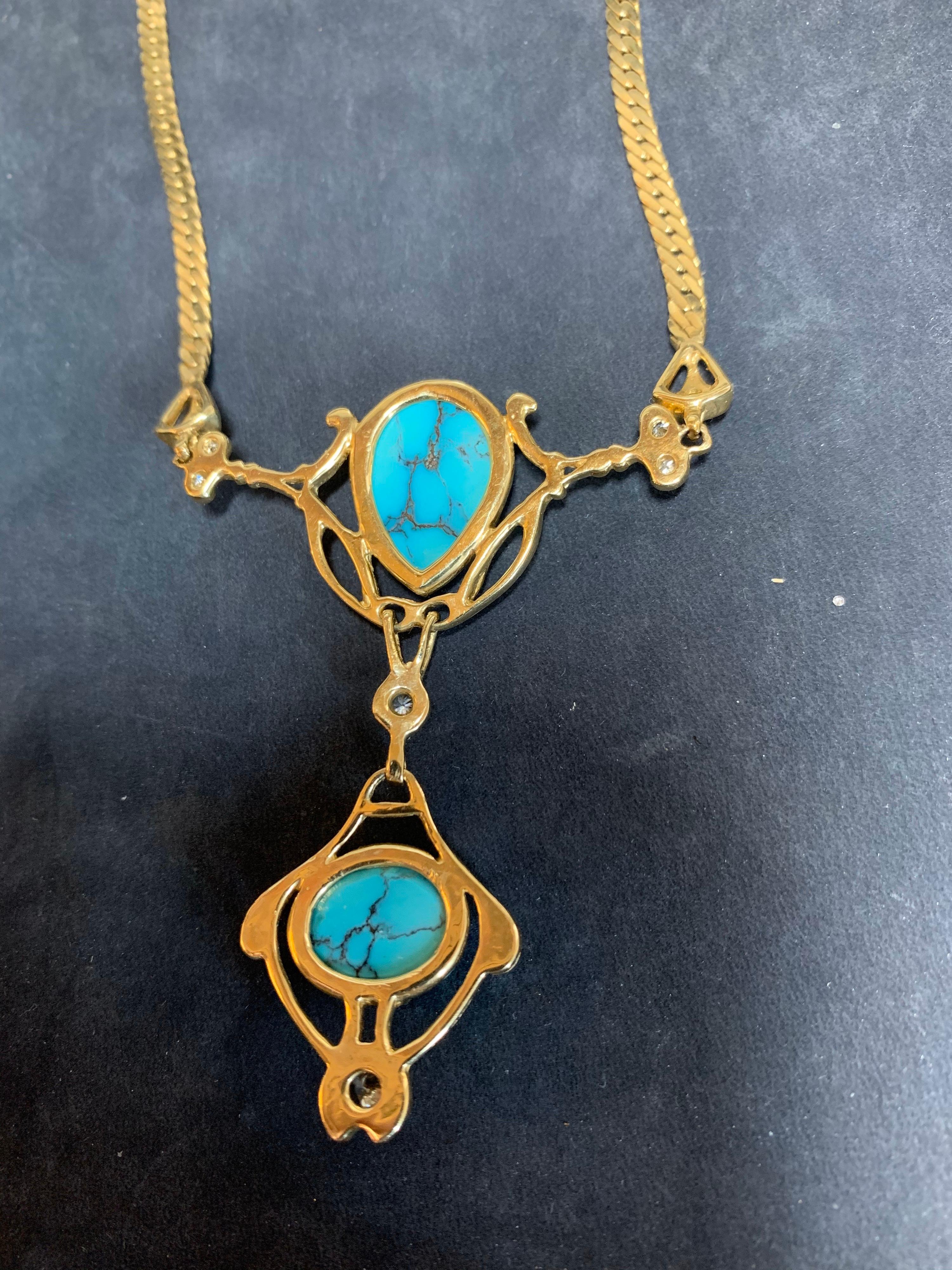 Retro Gold Natural Turquoise Gem .75 Carat Colorless Diamond Necklace circa 1950 For Sale 3