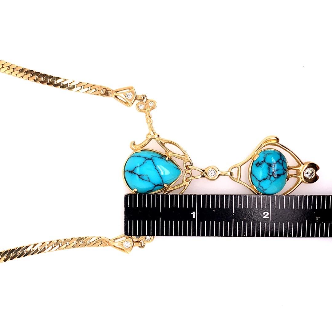 Retro Gold Natural Turquoise Gem .75 Carat Colorless Diamond Necklace circa 1950 For Sale 4
