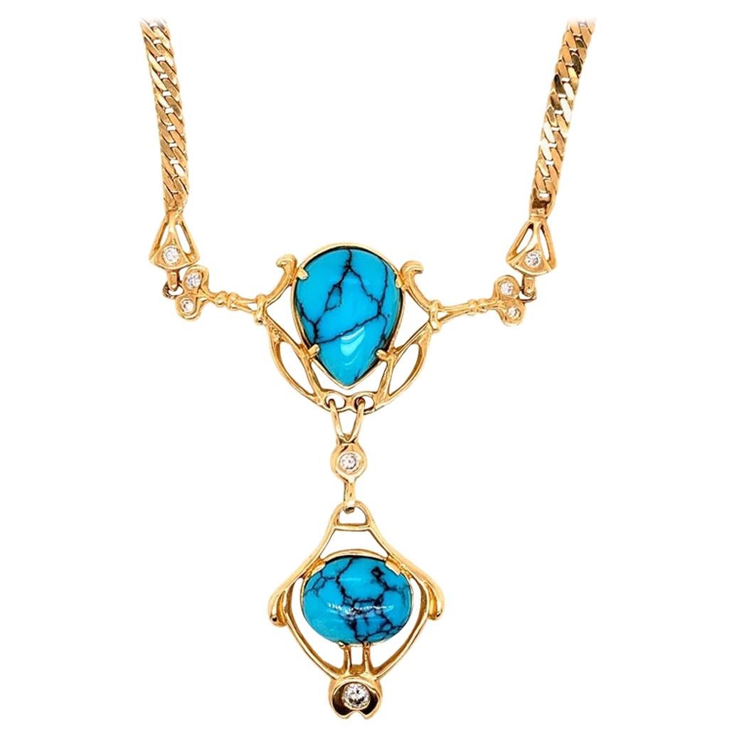 Retro Gold Natural Turquoise Gem .75 Carat Colorless Diamond Necklace circa 1950 For Sale