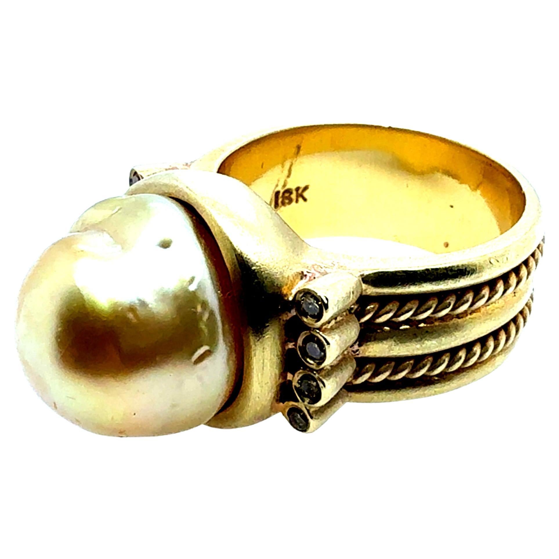 Retro Gold Natural Vivid Yellow Diamond & Golden South Sea Pearl Ring Circa 1990 For Sale