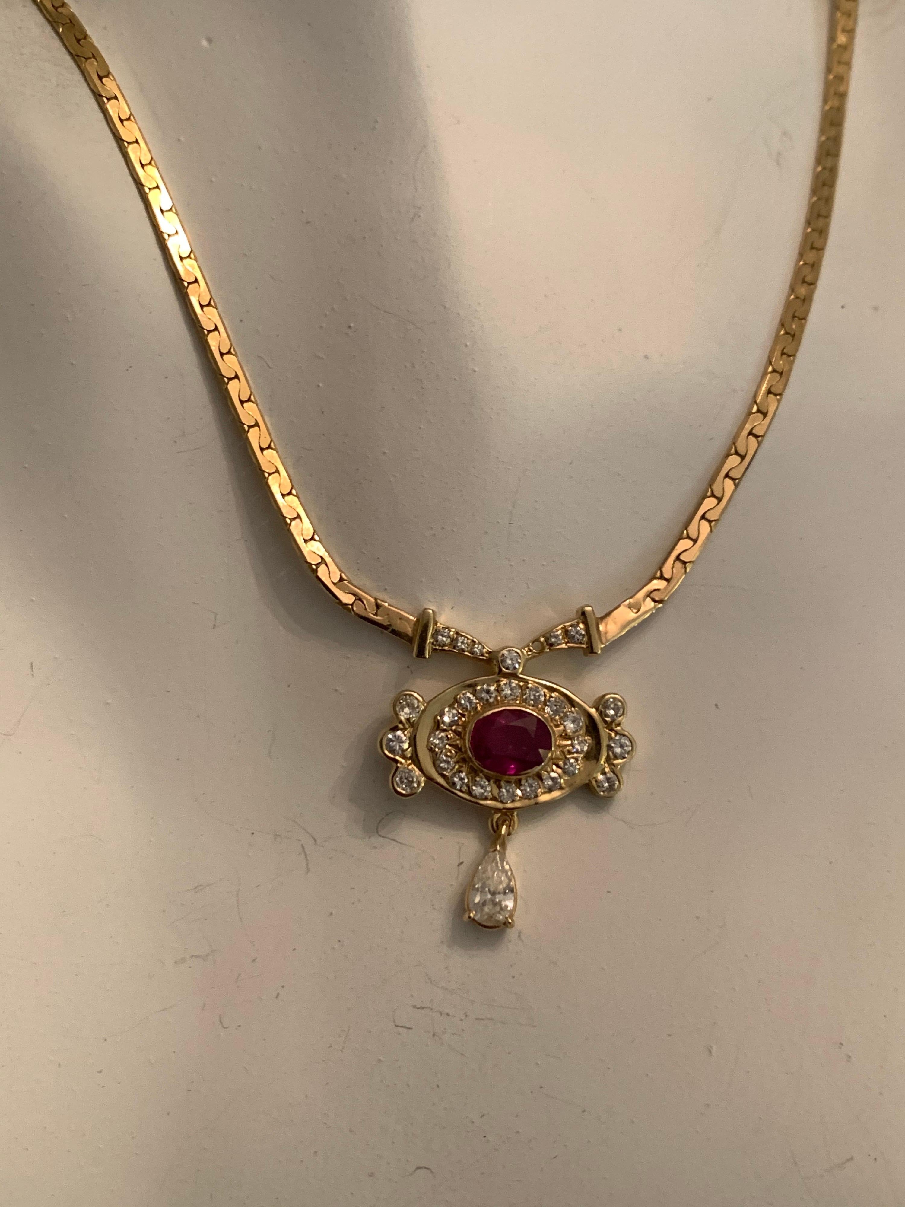 Oval Cut Retro Gold Necklace 3.25 Carat Total Natural Ruby & Diamond Gem Stone circa 1960 For Sale
