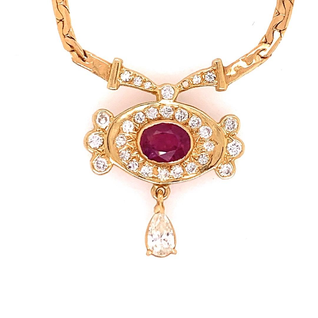 Retro Gold Necklace 3.25 Carat Total Natural Ruby & Diamond Gem Stone circa 1960 In Good Condition For Sale In Los Angeles, CA