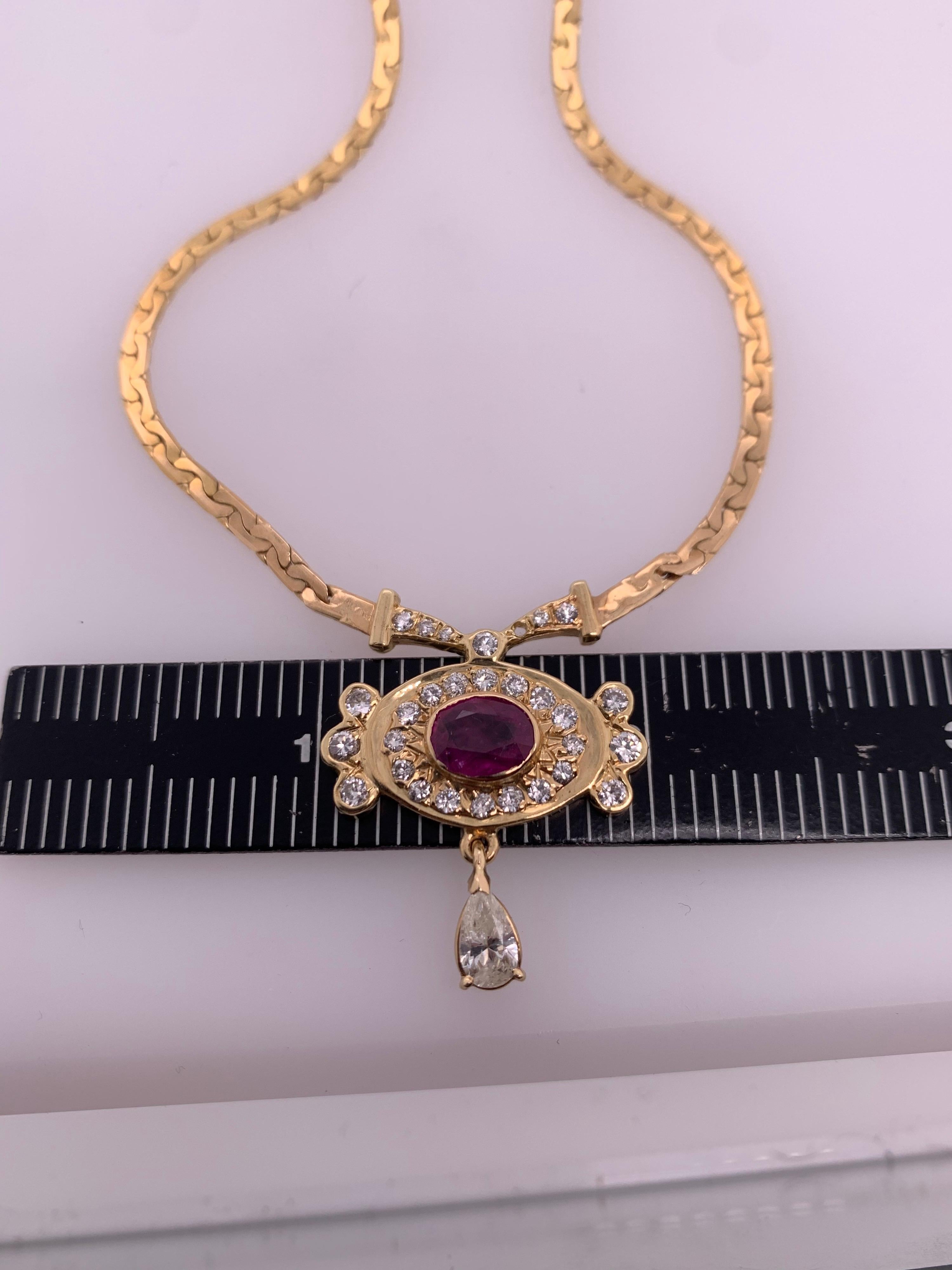 Women's or Men's Retro Gold Necklace 3.25 Carat Total Natural Ruby & Diamond Gem Stone circa 1960 For Sale