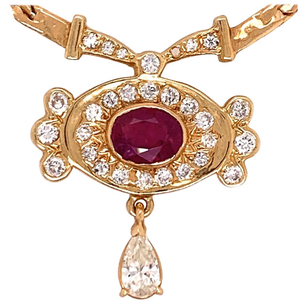 Retro Gold Necklace 3.25 Carat Total Natural Ruby & Diamond Gem Stone circa 1960 For Sale