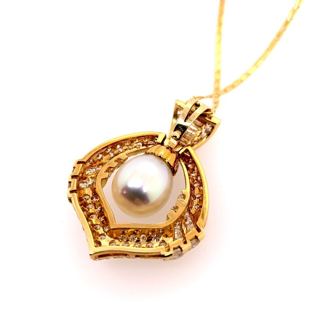 Retro Gold Necklace 7.5 Carat Natural Round Colorless Diamond & Pearl circa 1950 For Sale 1
