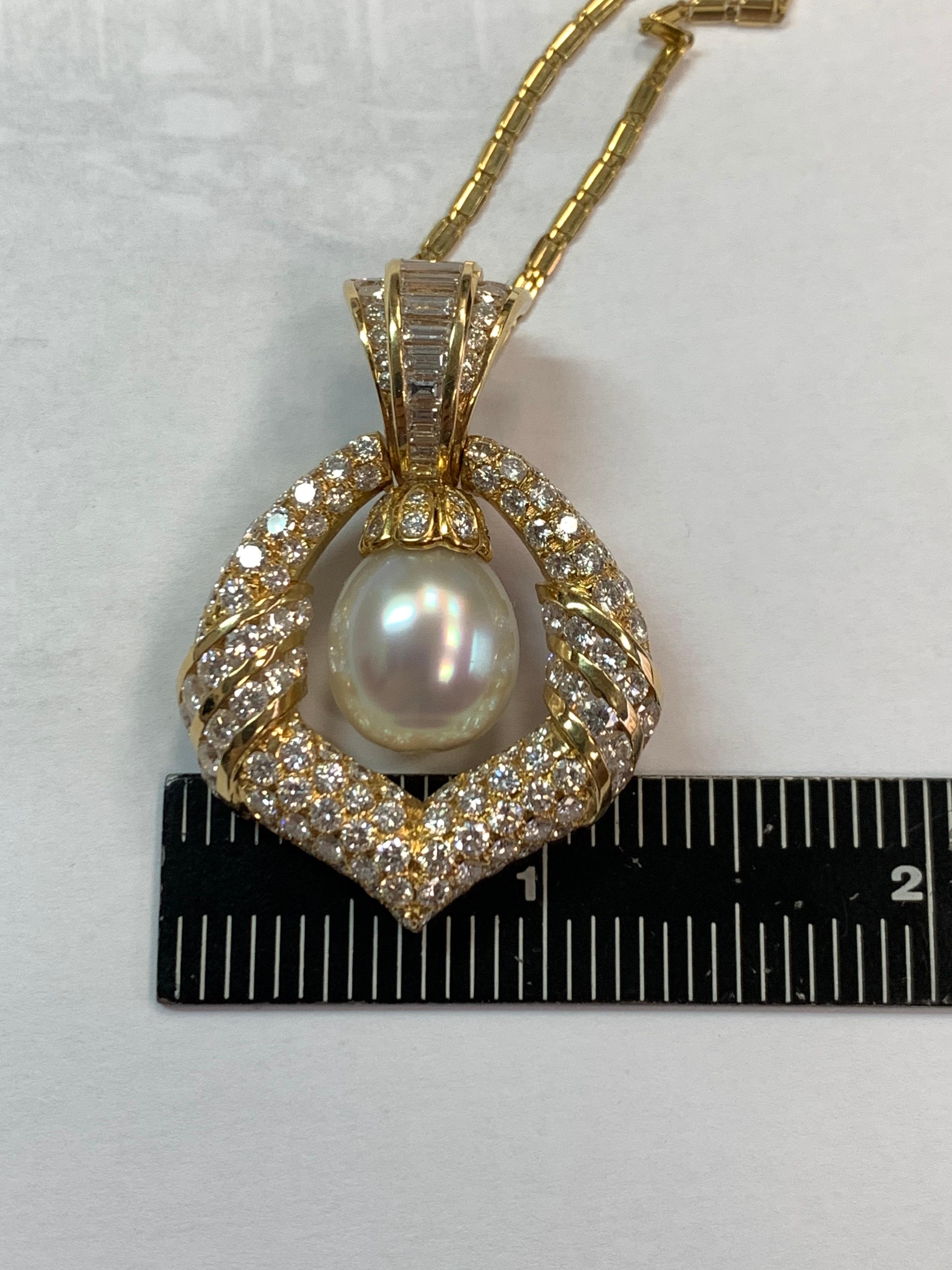 Retro Gold Necklace 7.5 Carat Natural Round Colorless Diamond & Pearl circa 1950 For Sale 4