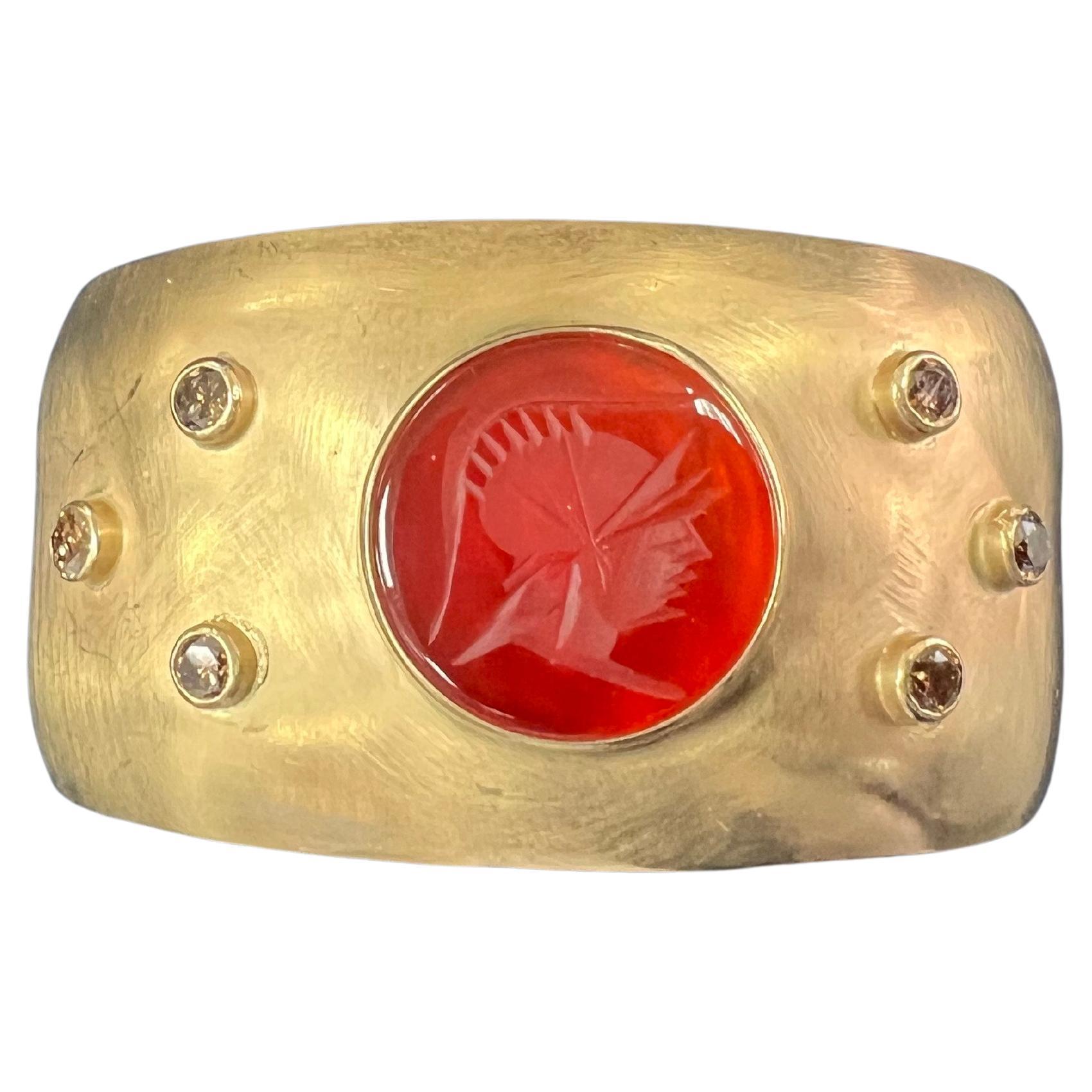 Retro Gold One Carat Natural Brown Diamond Roman Carnelian Intaglio Bangle Cuff