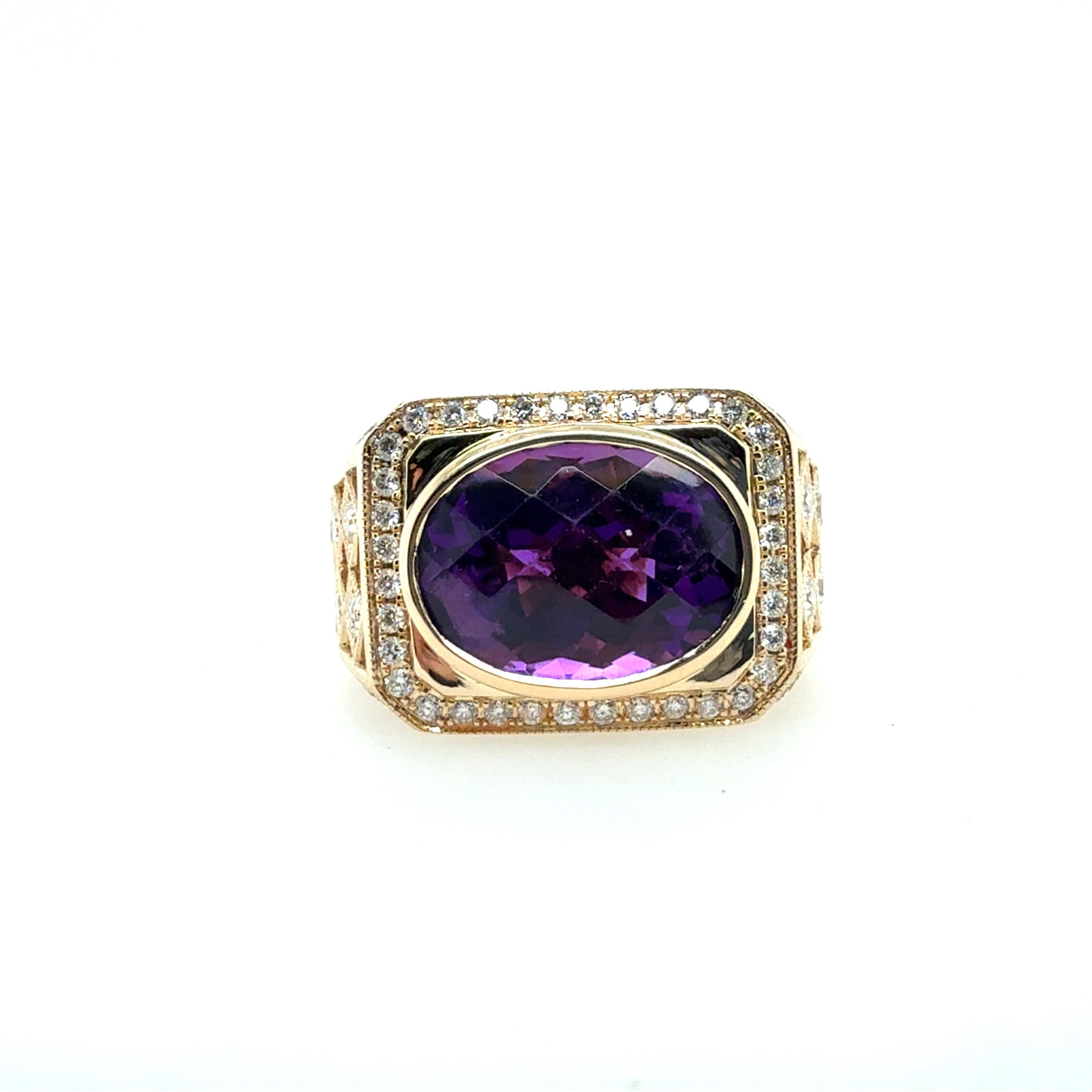 Retro Gold One Carat Natural Colorless Diamond Amethyst Mens Statement Ring (bague pour homme en or rétro) Bon état - En vente à Los Angeles, CA
