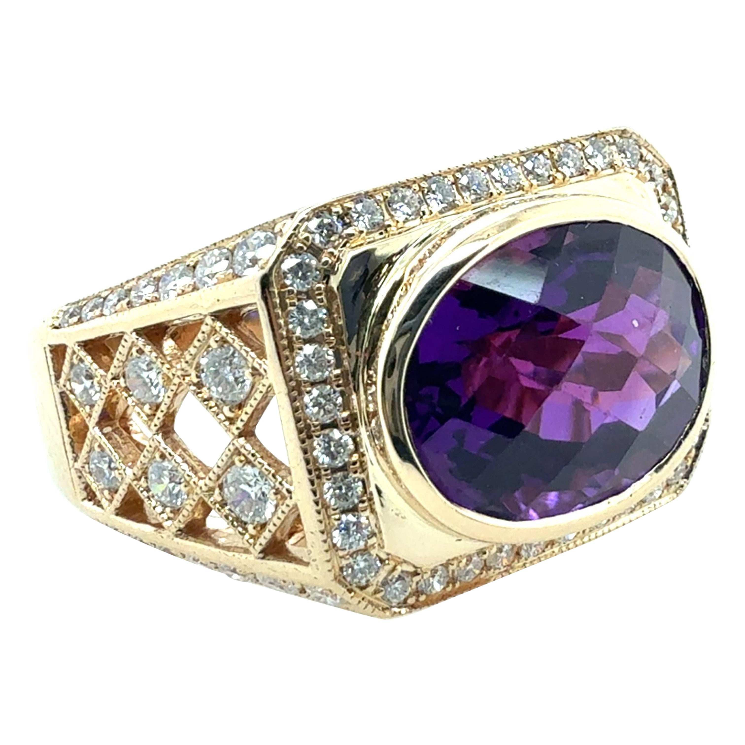 Anillo de oro retro de un quilate de diamante incoloro natural amatista para hombre