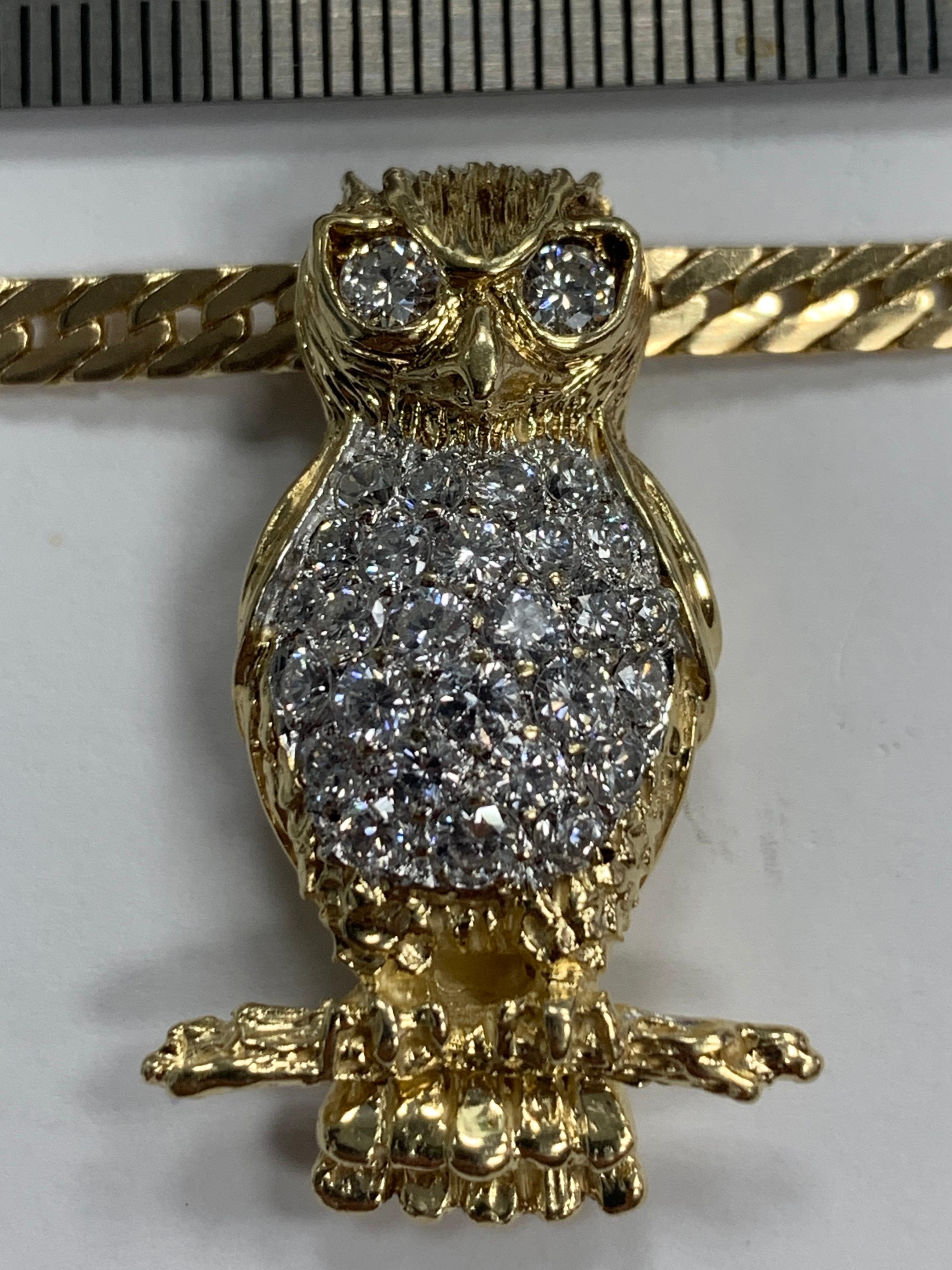 Retro Gold Owl 1 Carat Natural Colorless Diamond Necklace Pendant, circa 1960 2