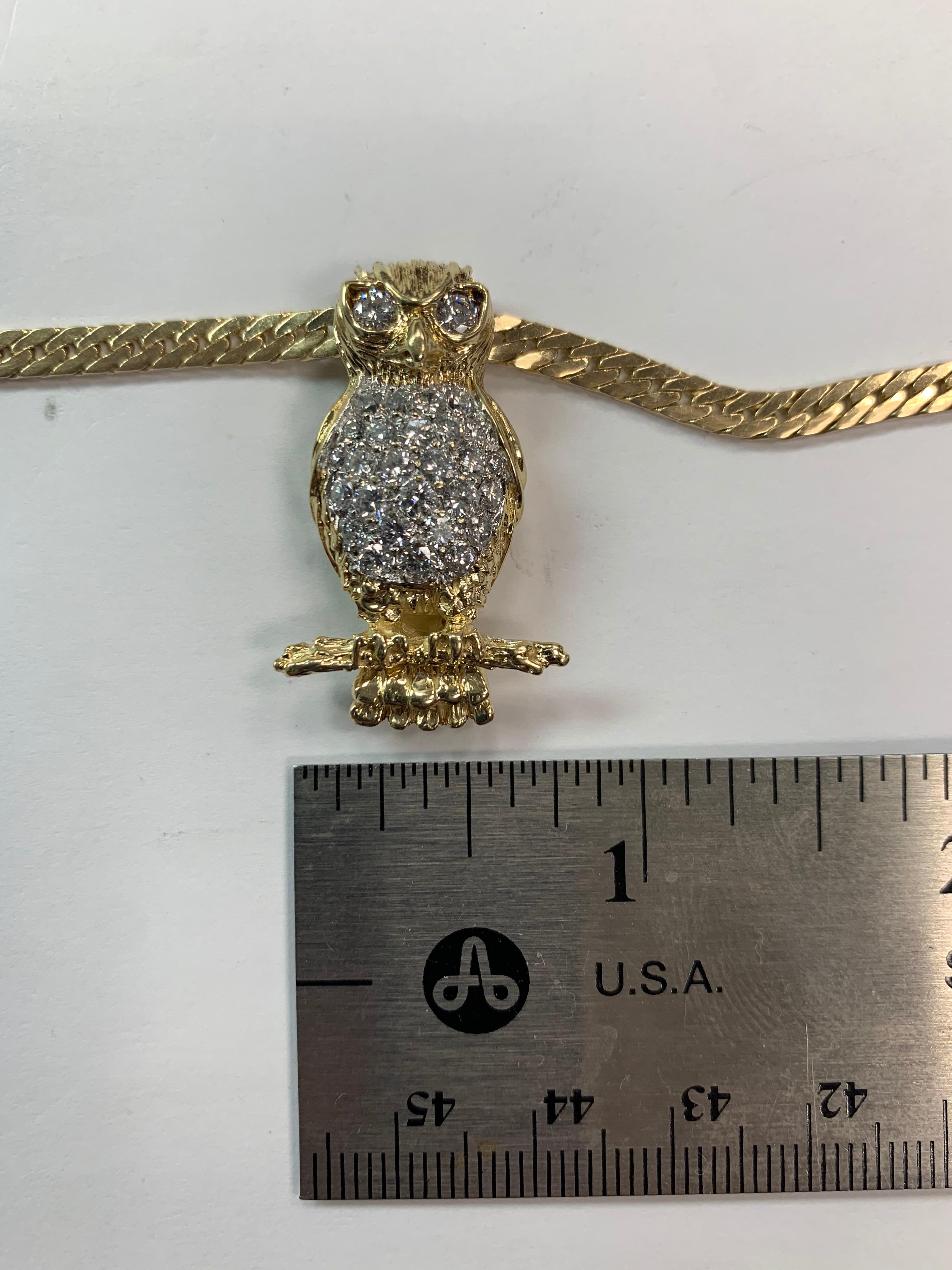 Retro Gold Owl 1 Carat Natural Colorless Diamond Necklace Pendant, circa 1960 3