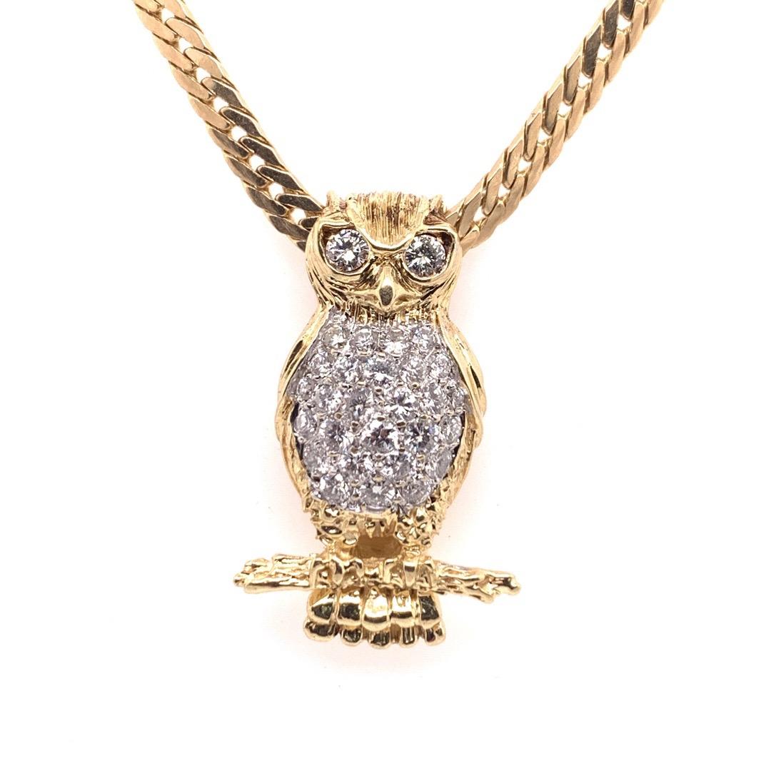 Round Cut Retro Gold Owl 1 Carat Natural Colorless Diamond Necklace Pendant, circa 1960