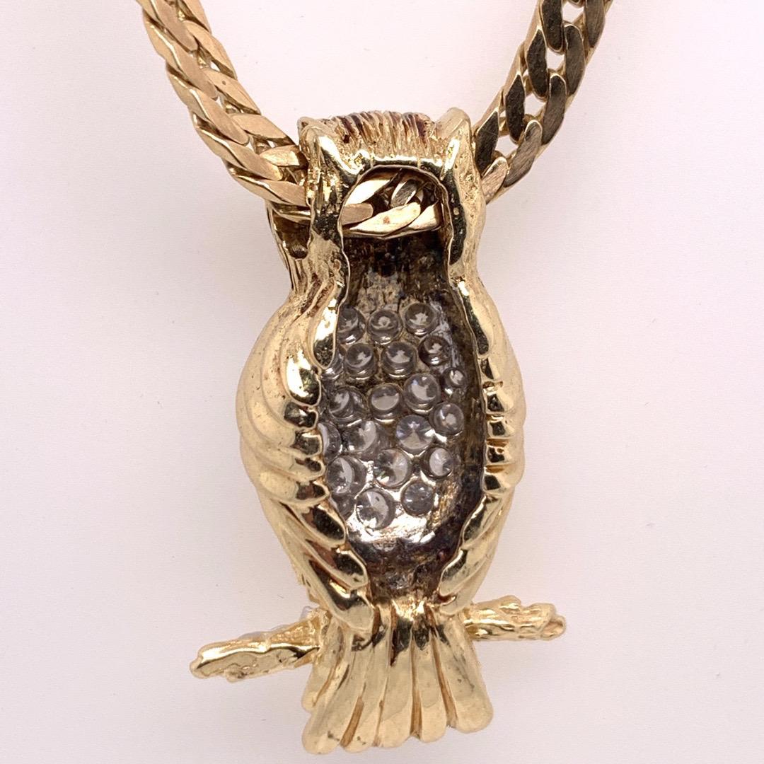 Women's Retro Gold Owl 1 Carat Natural Colorless Diamond Necklace Pendant, circa 1960