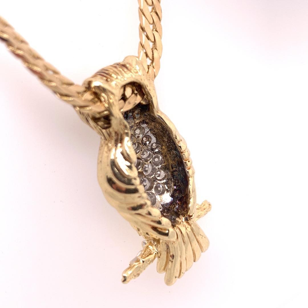 Retro Gold Owl 1 Carat Natural Colorless Diamond Necklace Pendant, circa 1960 1