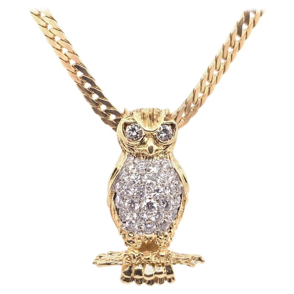 Retro Gold Owl 1 Carat Natural Colorless Diamond Necklace Pendant, circa 1960