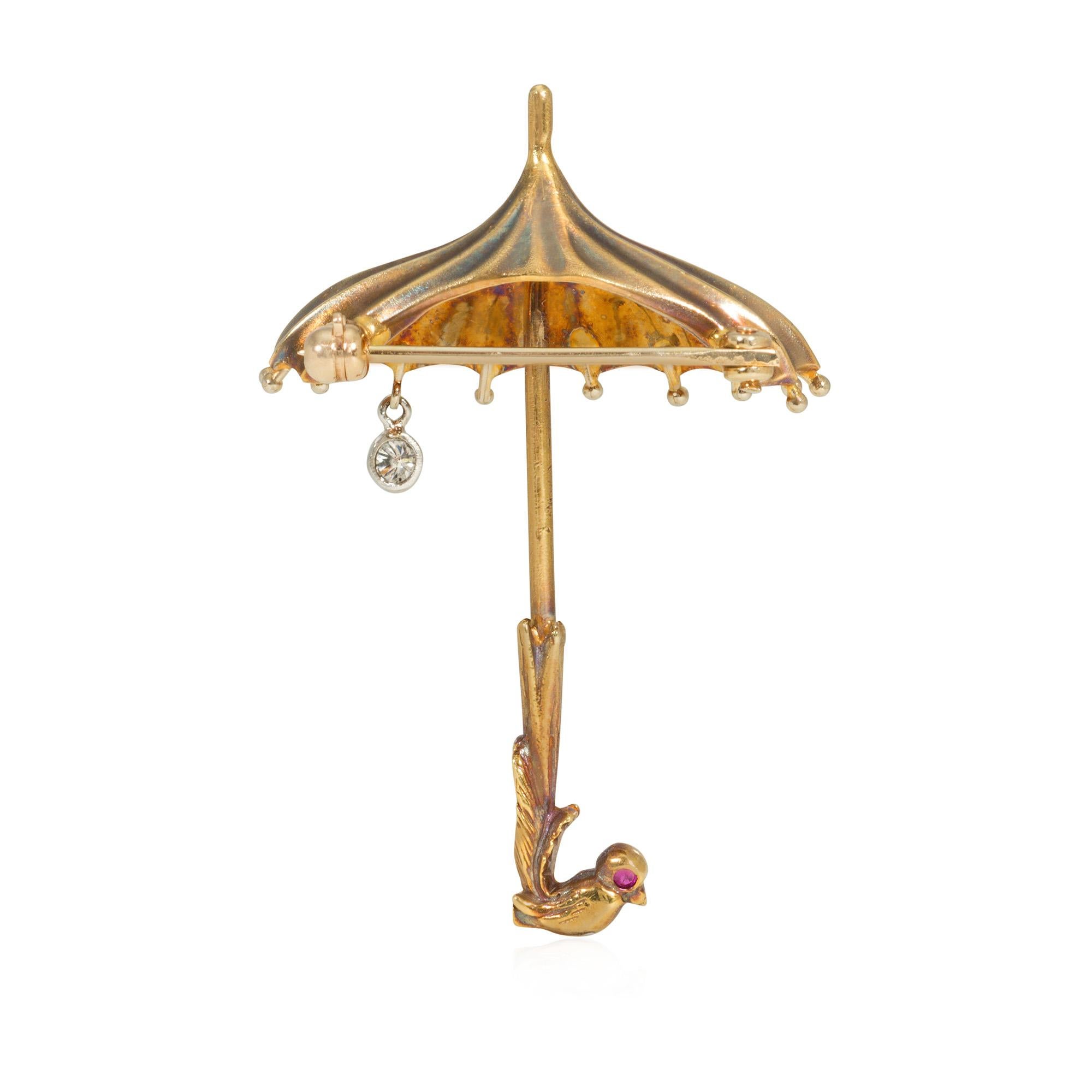 Round Cut Retro Gold Parasol Brooch with Diamond Raindrop and Bird-Shaped Handle For Sale