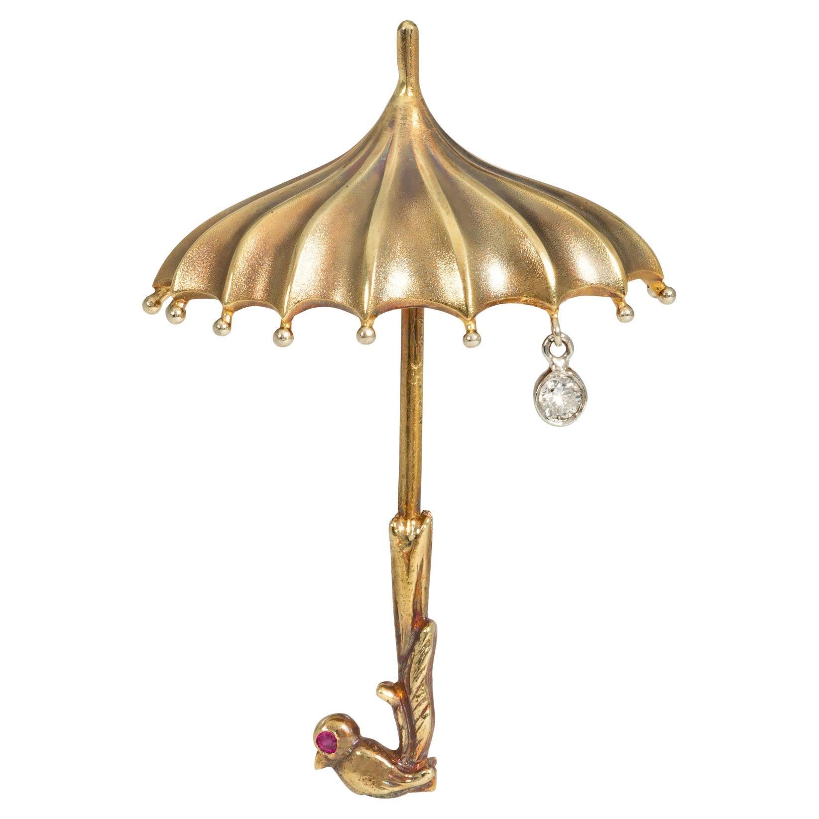 Retro Gold Parasol Brooch with Diamond Raindrop and Bird-Shaped Handle For Sale