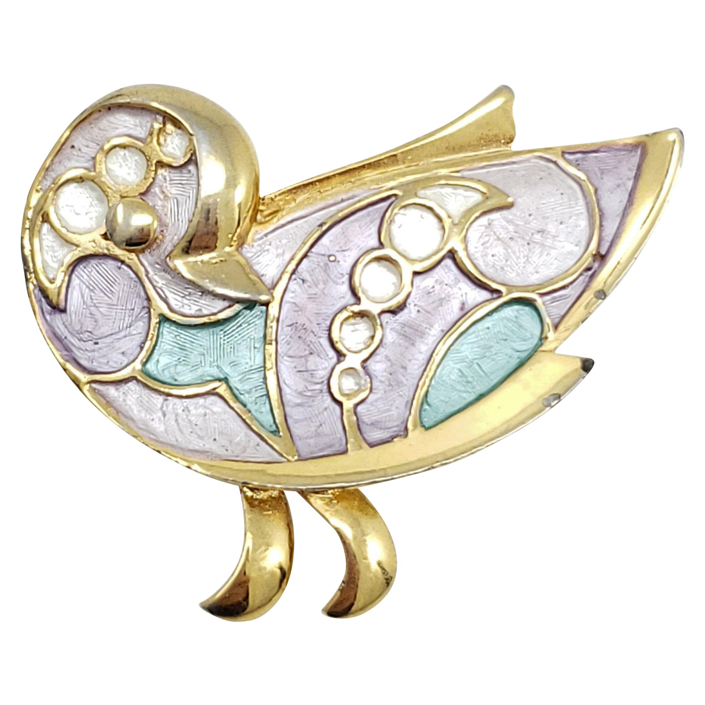 Retro Gold Pastel Inlay Bird Pin Brooch, Teal and Purple, 1970s For Sale