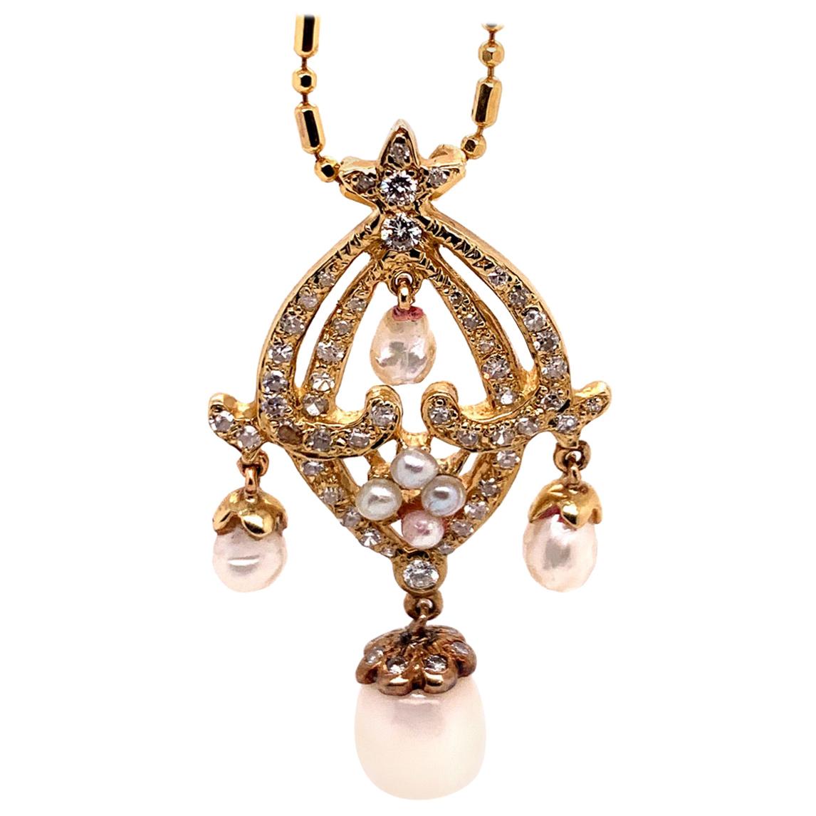 Retro Gold Pendant 0.70 Carat Natural Round Diamond Abd Pearl, circa 1950 For Sale