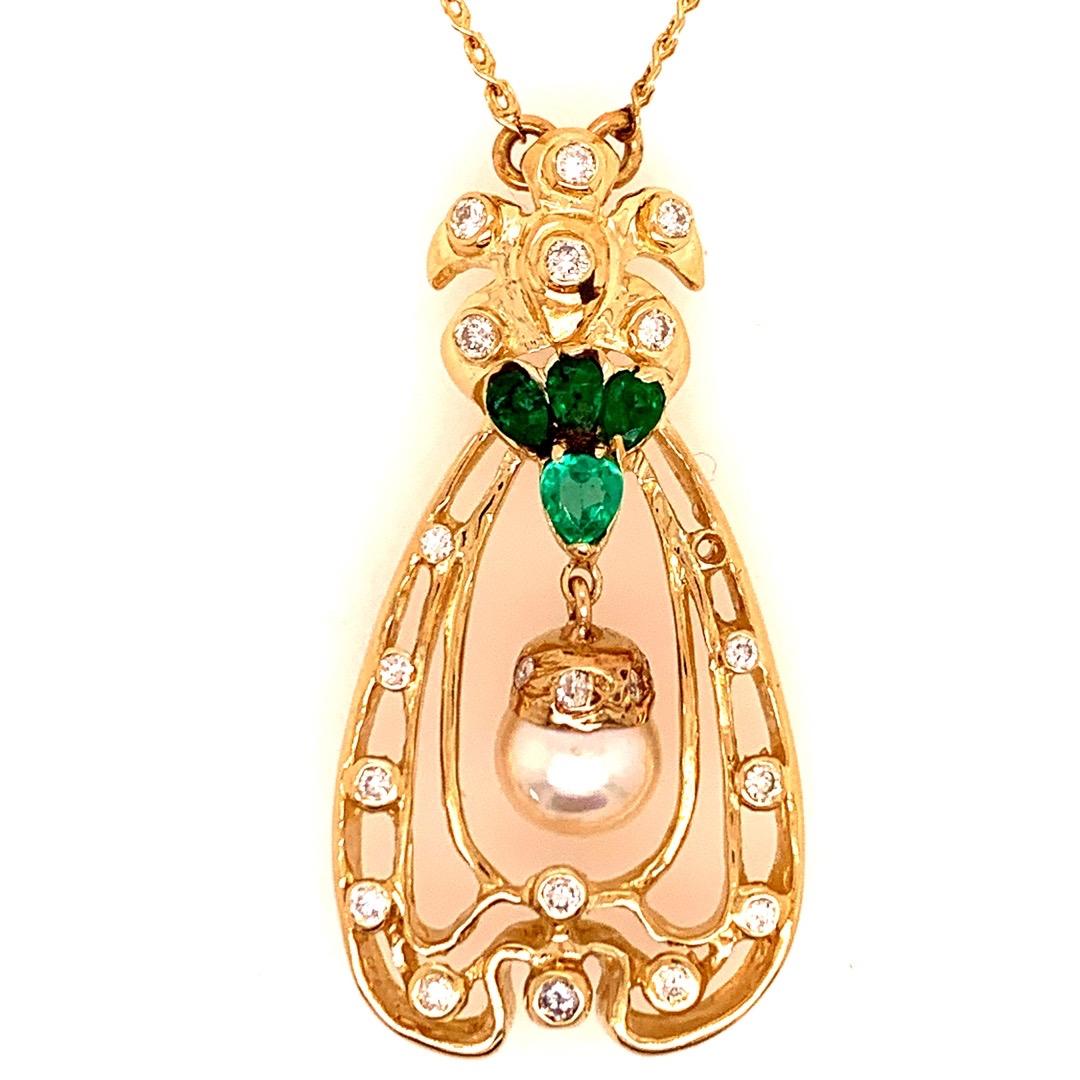 Pear Cut Retro Gold Pendant 1.75 Carat Natural Colombian Emerald Gem & Diamond circa 1960 For Sale