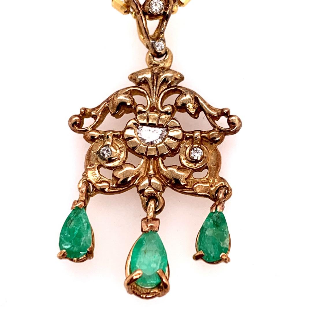 Retro Gold Pendant 1.80 Carat Natural Diamond and Emerald Gem Stone, circa 1960 In Good Condition For Sale In Los Angeles, CA