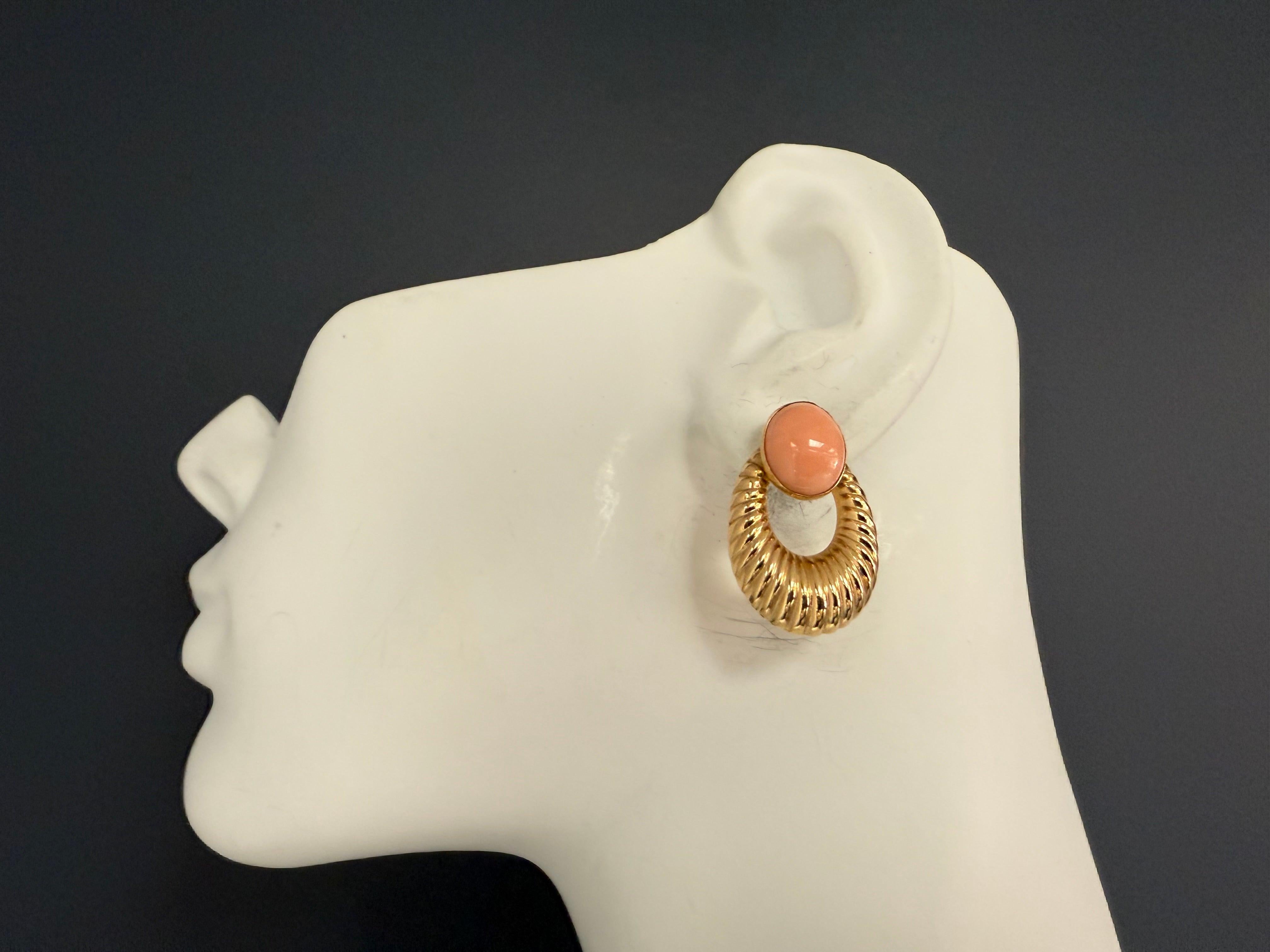 Oval Cut Retro Gold Pink Coral Cabochon Statement Earrings, Circa 1970 For Sale