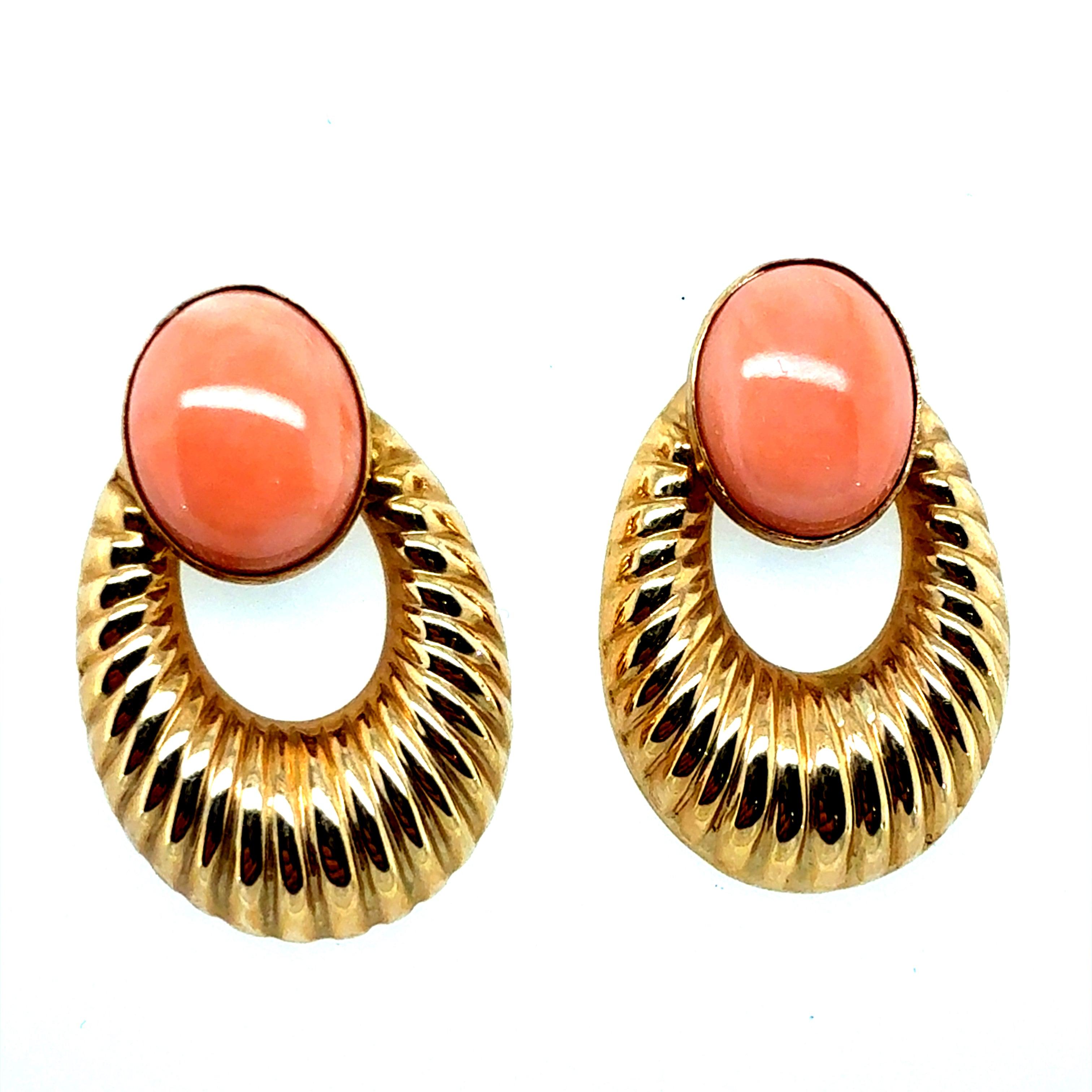 Retro Gold Pink Coral Cabochon Statement Earrings, Circa 1970 In Good Condition For Sale In Los Angeles, CA
