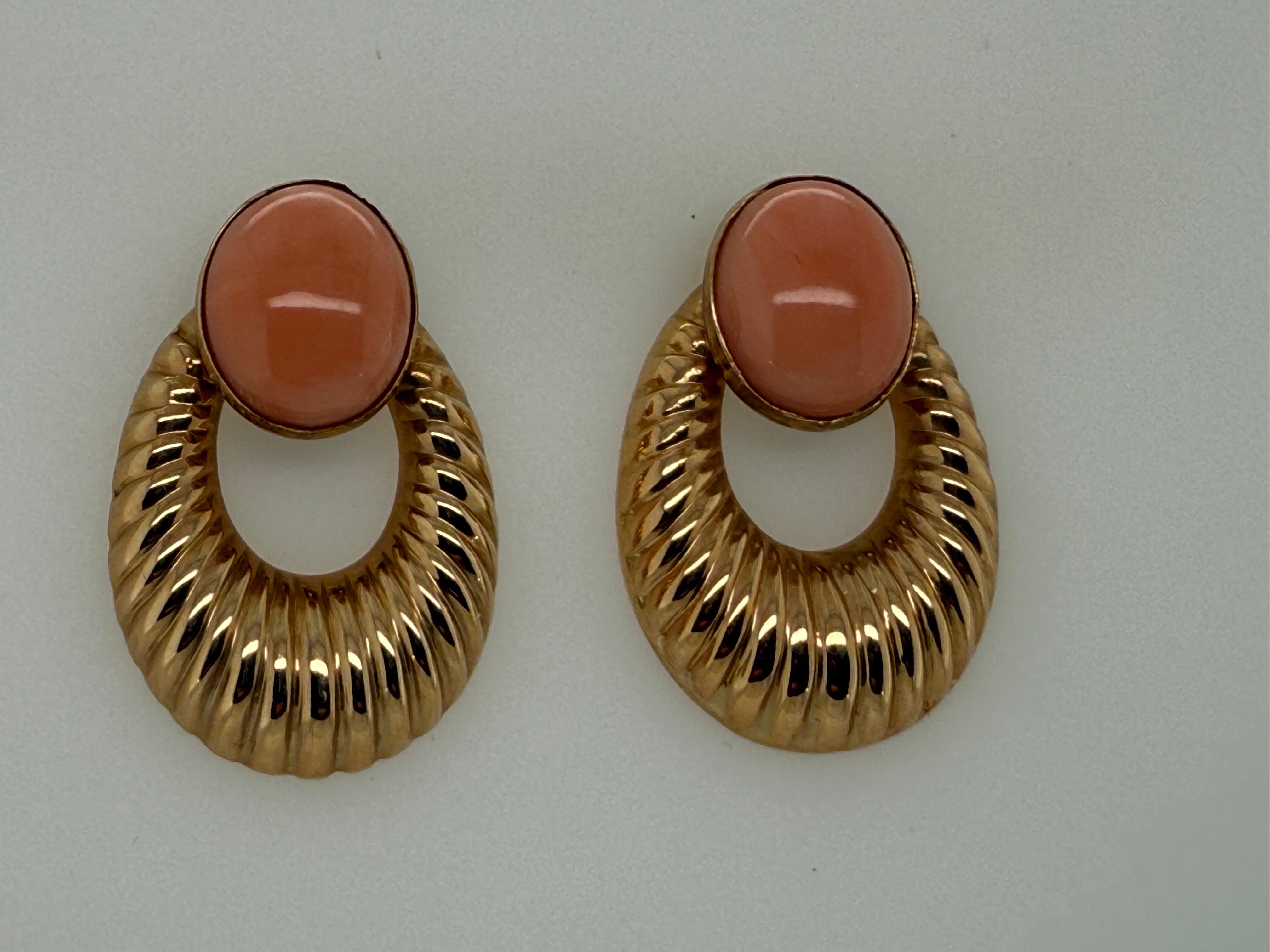 Retro Gold Pink Coral Cabochon Statement Earrings, Circa 1970 For Sale 1