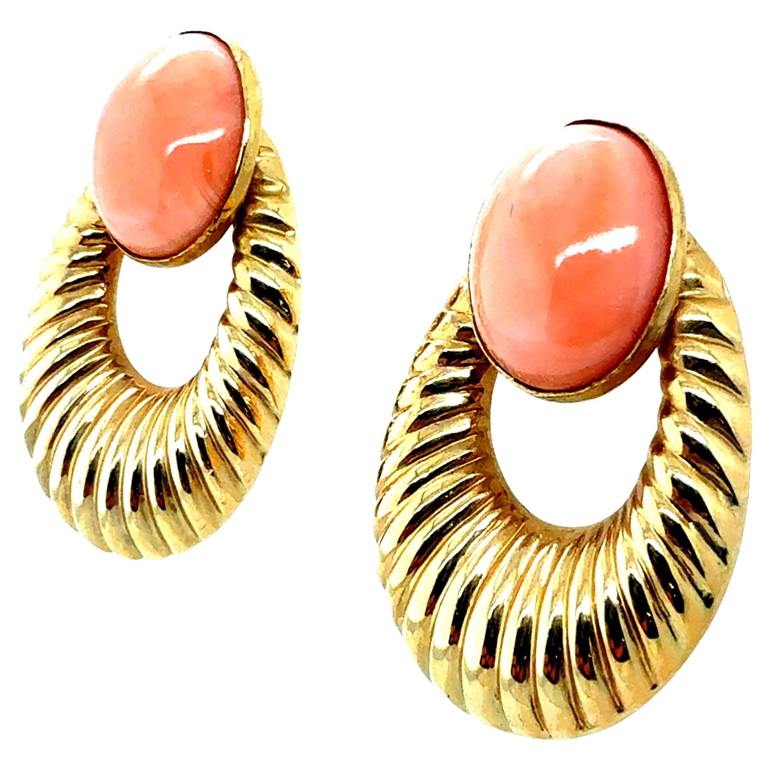 Retro Gold Pink Coral Cabochon Statement Earrings, Circa 1970