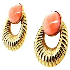 Retro Gold Pink Coral Cabochon Statement Earrings, Circa 1970