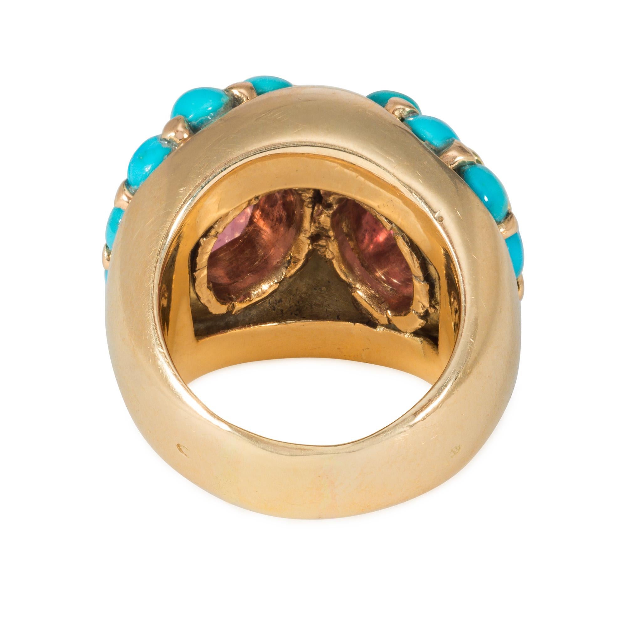 Oval Cut Retro Gold, Pink Tourmaline, and Turquoise Double Cluster Cocktail Ring For Sale