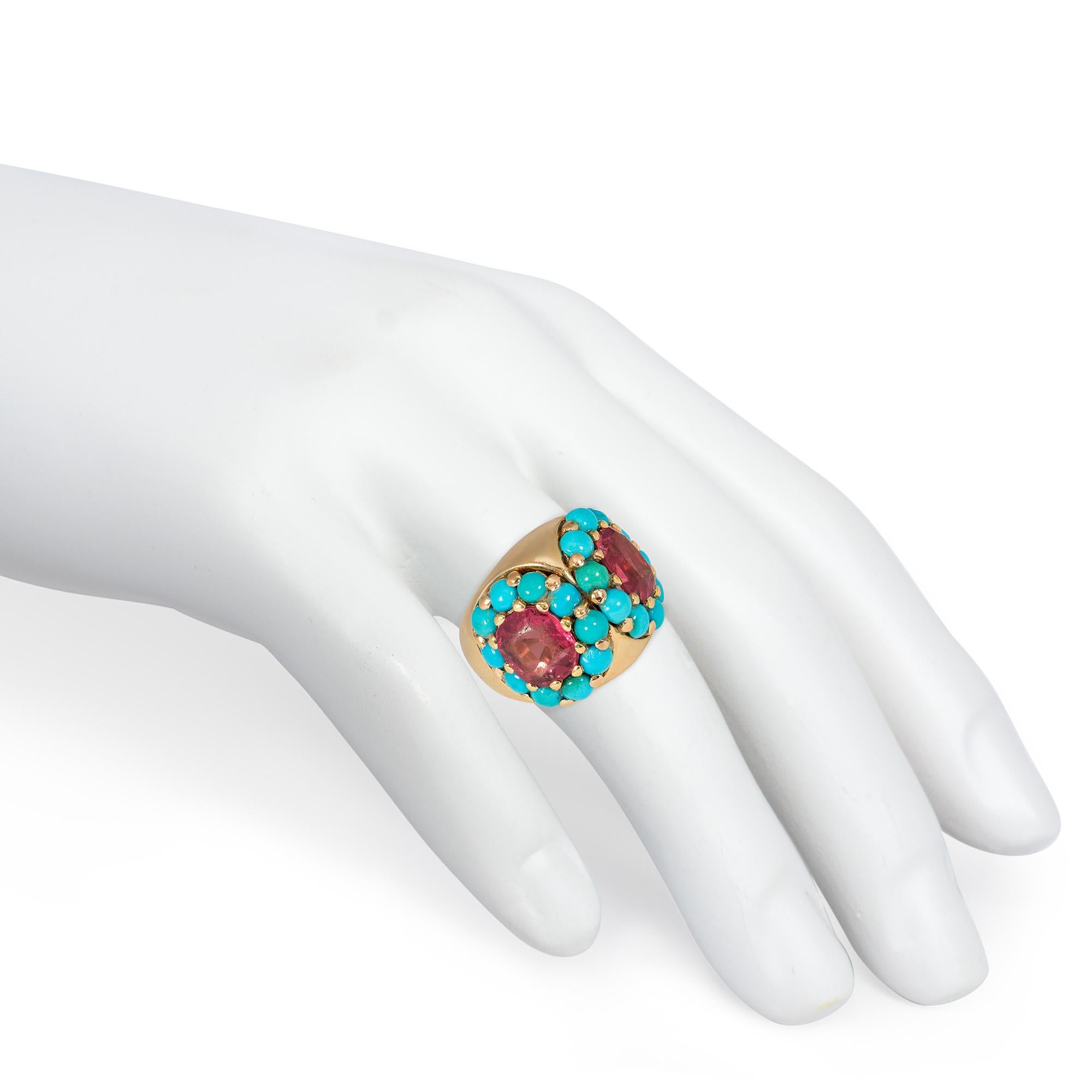 Retro Gold, Pink Tourmaline, and Turquoise Double Cluster Cocktail Ring In Good Condition For Sale In New York, NY